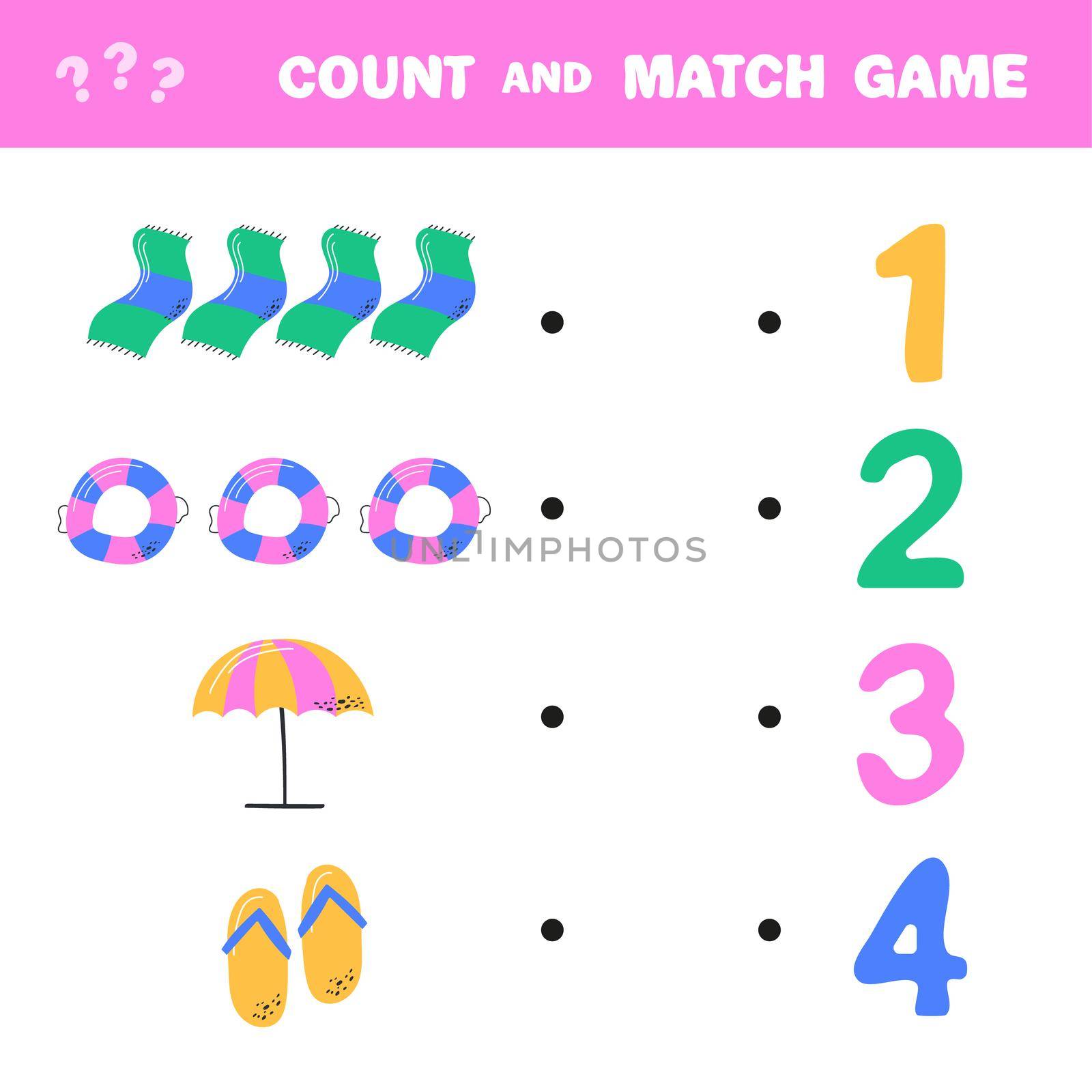 Counting game, how many summer elements. Educational children game, printable worksheet, vector illustration. How many - count and match.