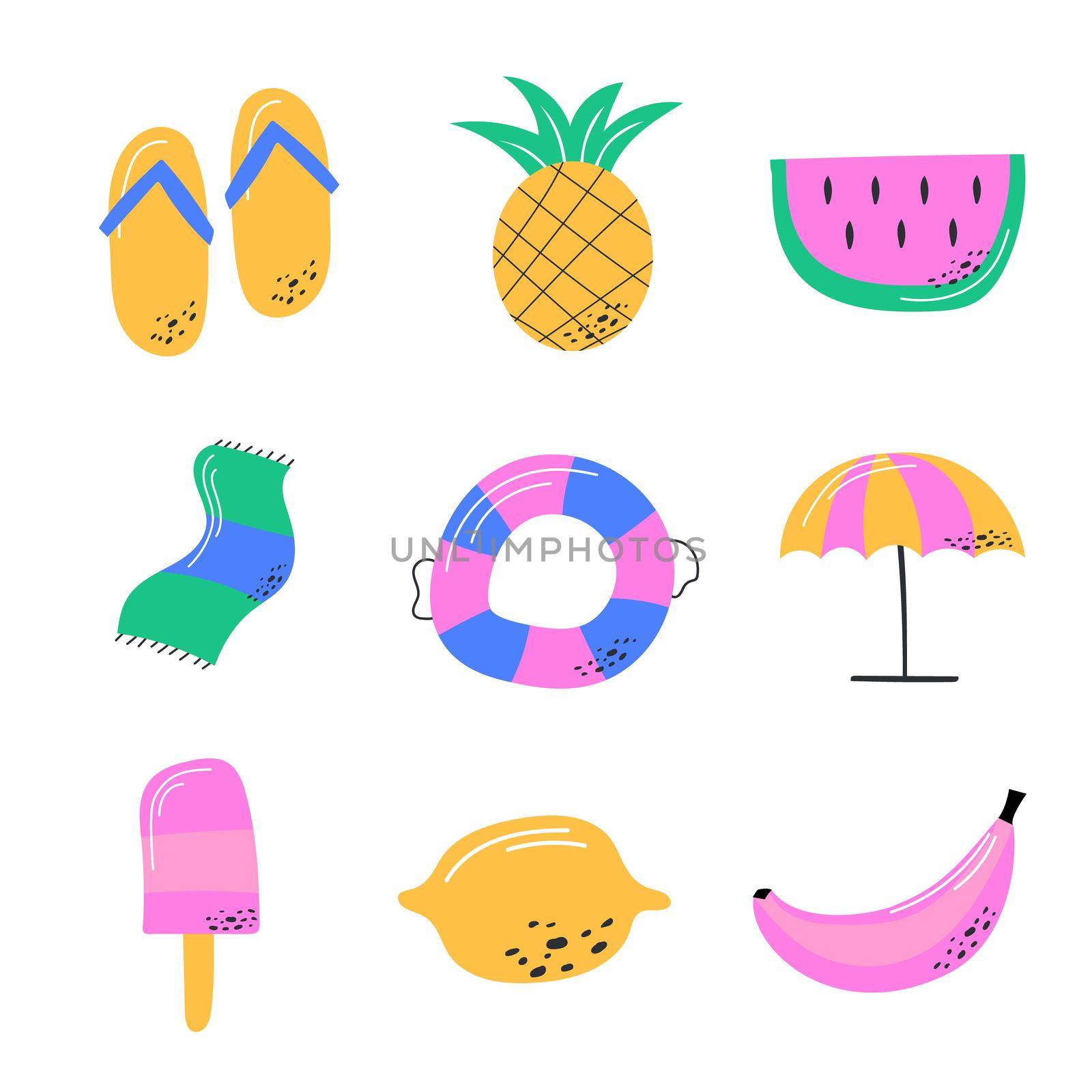 Hello Summer. Vector illustration of colorful funny symbols in hand drawn style. Set of summer doodles on a white background.