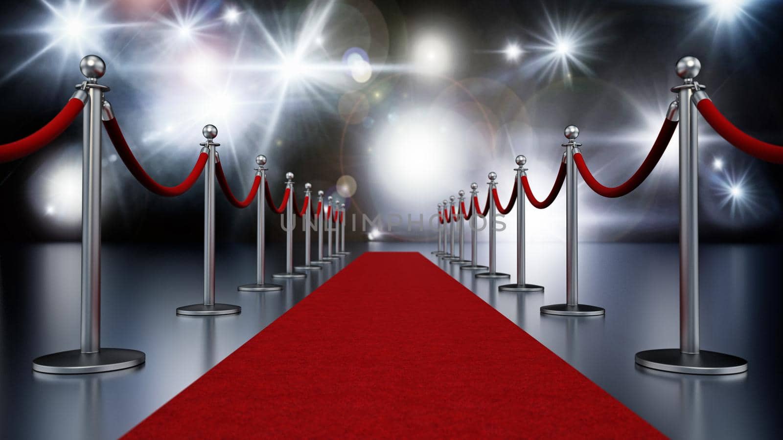 Red carpet and velvet ropes against night background with flashlights. 3D illustration by Simsek