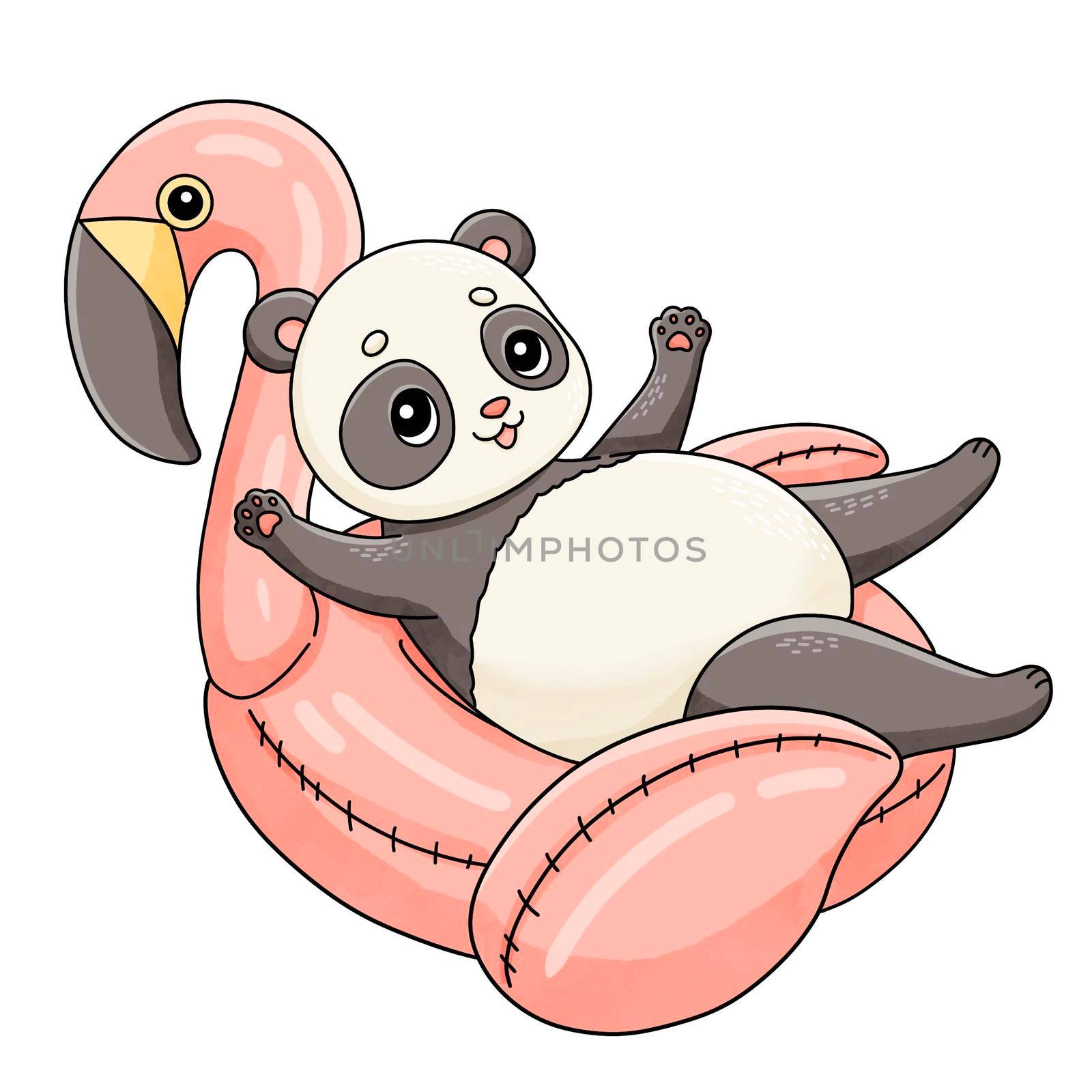 Summer panda on pink flamingo rubber ring illustration