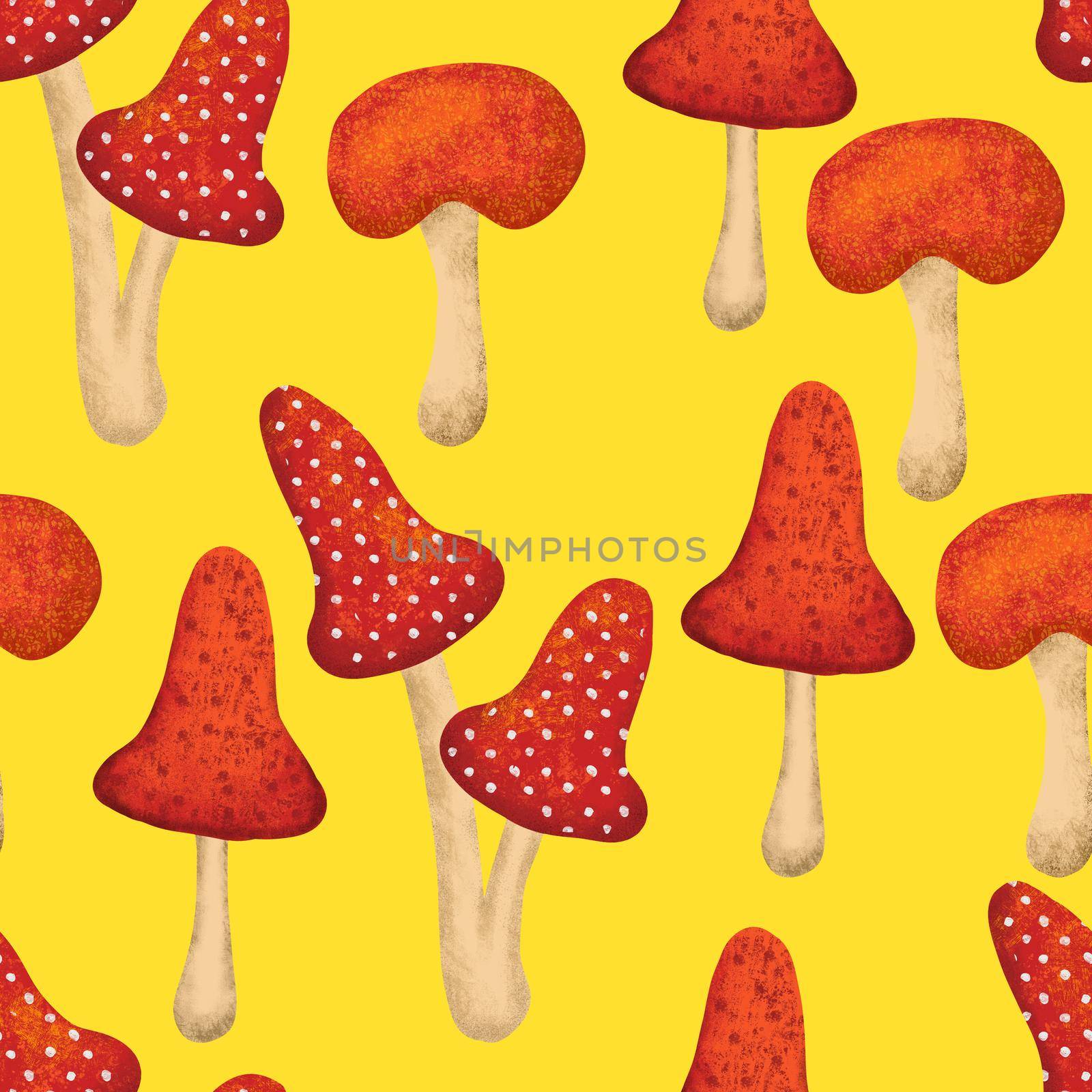 Hand drawn seamless pattern with fall autumn mushrooms fungi, wild nature background. Thanksgiving forest wood woodland fabric print in orange red yellow. For textile wallpaper