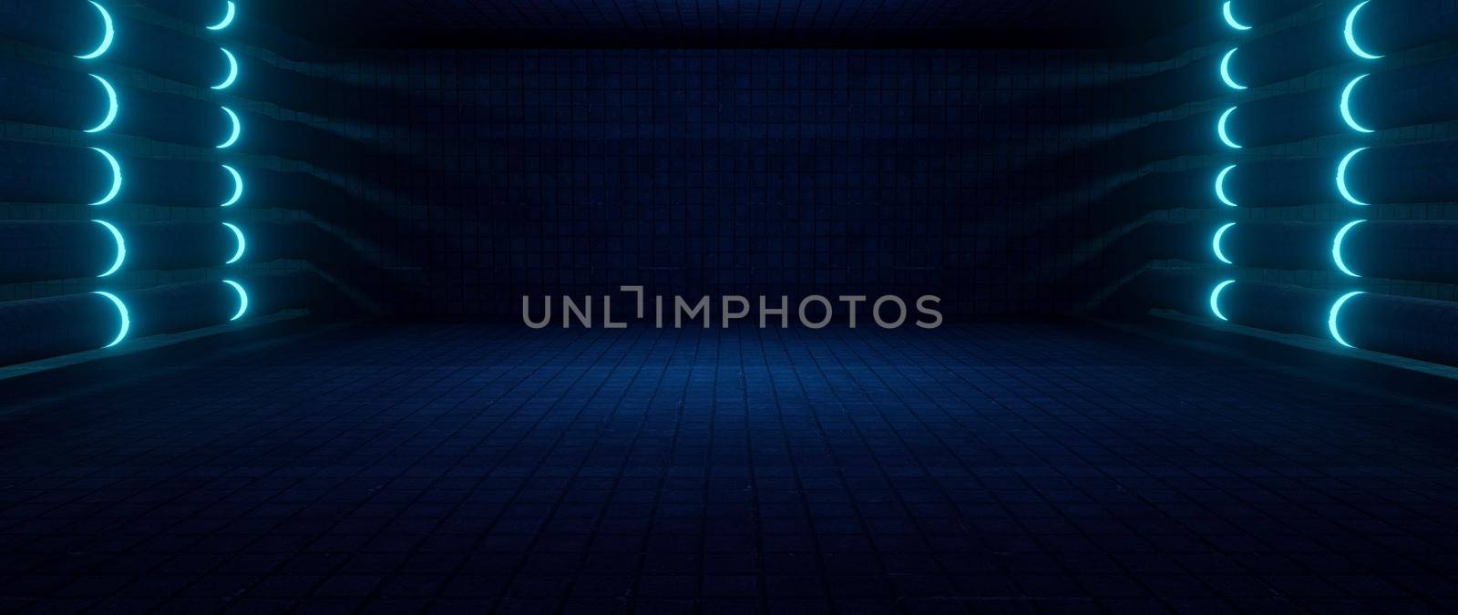 Computerized Inter Galactic Showroom Car Garage Empty Corridor Spotlight Baby Blue Abstract Background by yay_lmrb