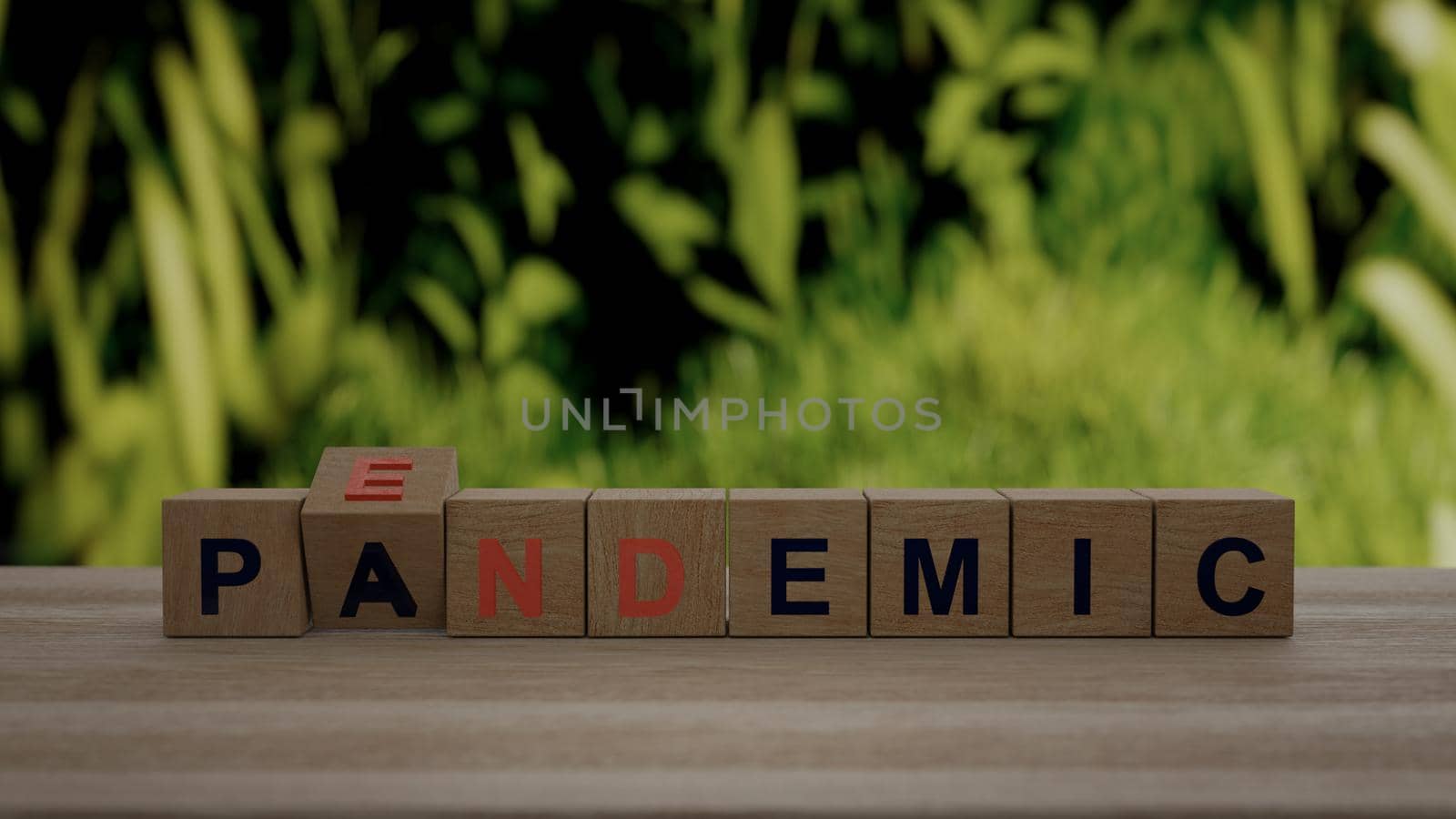Covid-19 pandemic endemic symbol. Turned wooden and changed the concept word pandemic to endemic. 3d Render