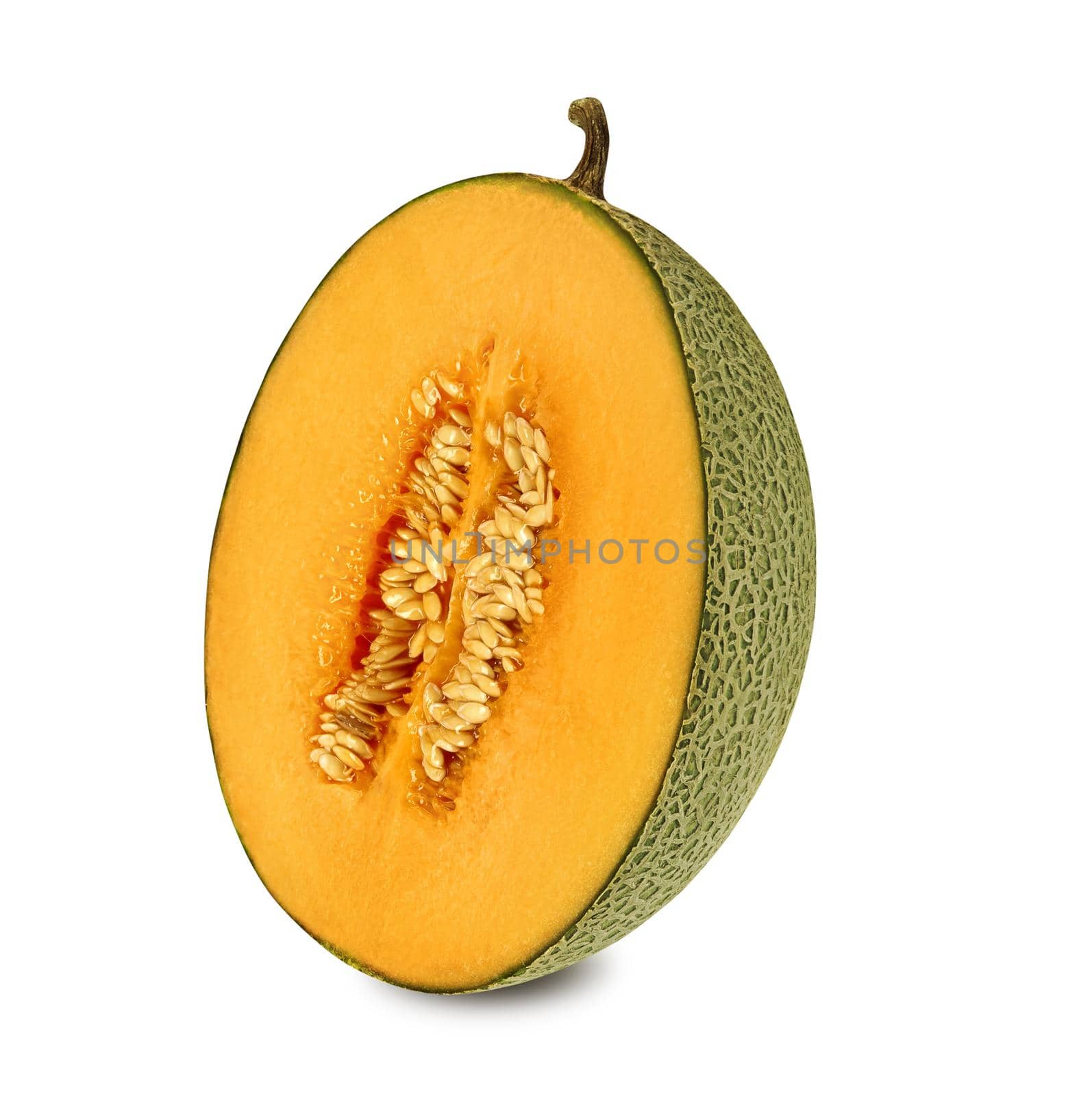 Half of a delicious, sappy cantaloupe melon in a cross-section, isolated on white background with copy space for text or images. Sweet orange flesh with seeds. Pumpkin plant family. Side view. Close-up shot.