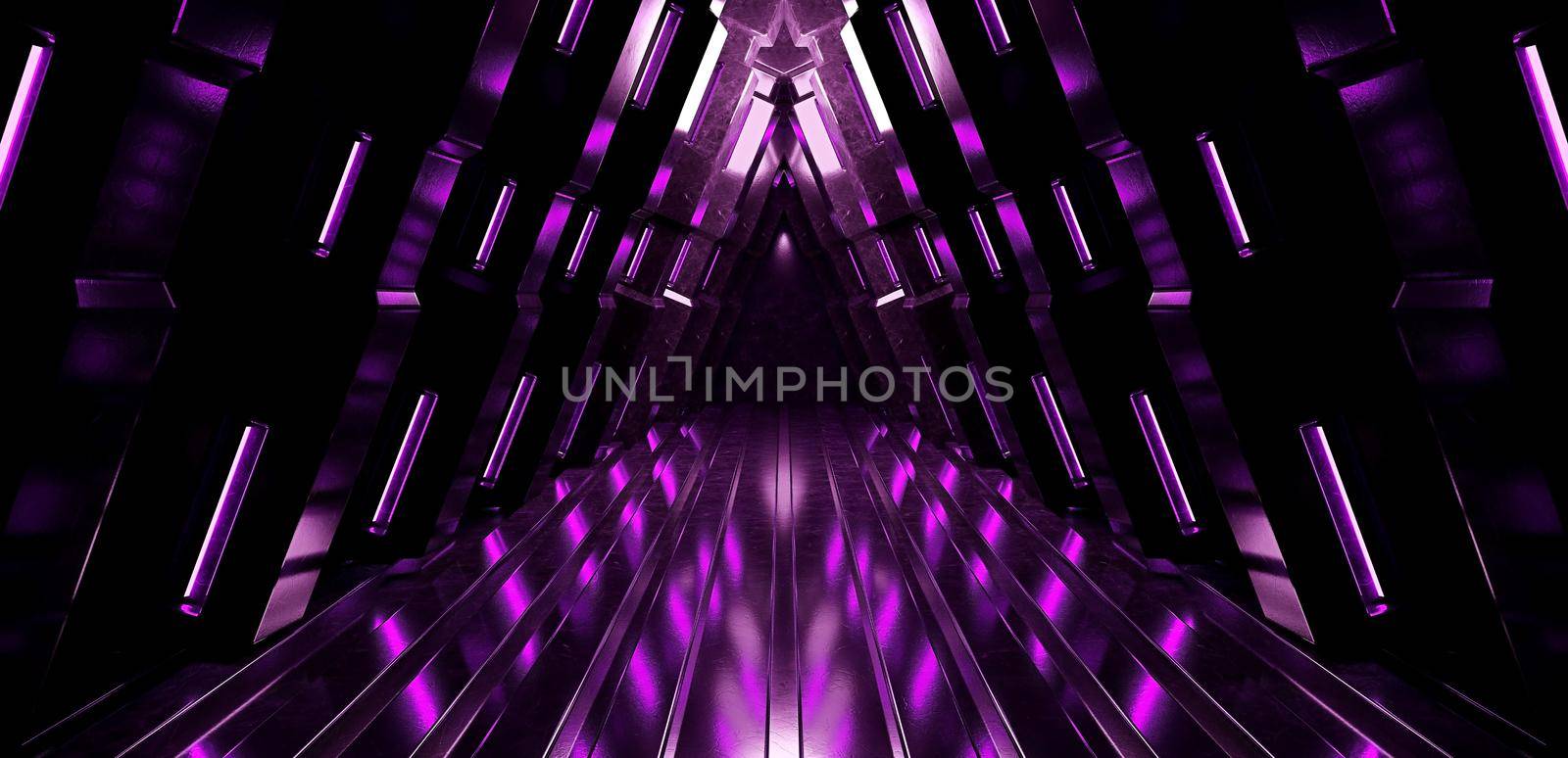 Neon Glowing Purple Blue Vibrant Sci Fi Futuristic Stage Podium Construction Metal Triangle Grunge Reflective Dark Night Virtual Show Background 3D Rendering