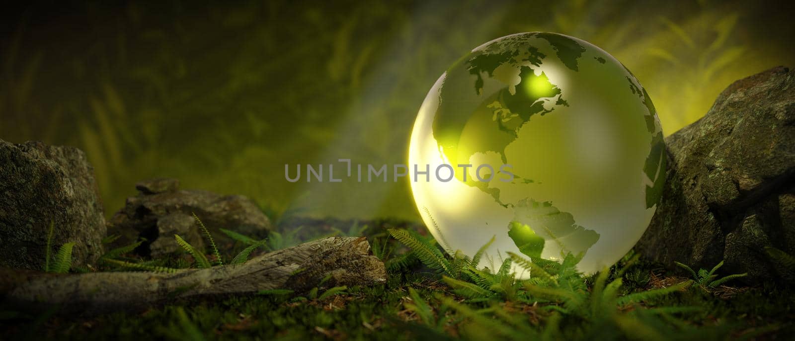 Globe glass on moss with sunshine Environment concept 3d render