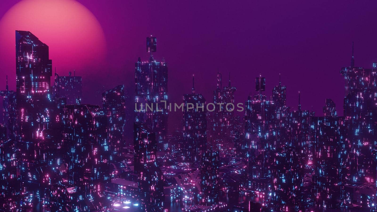 City Illustration Night Neon Cyberpunk Cityscape Banner Background 3d Render