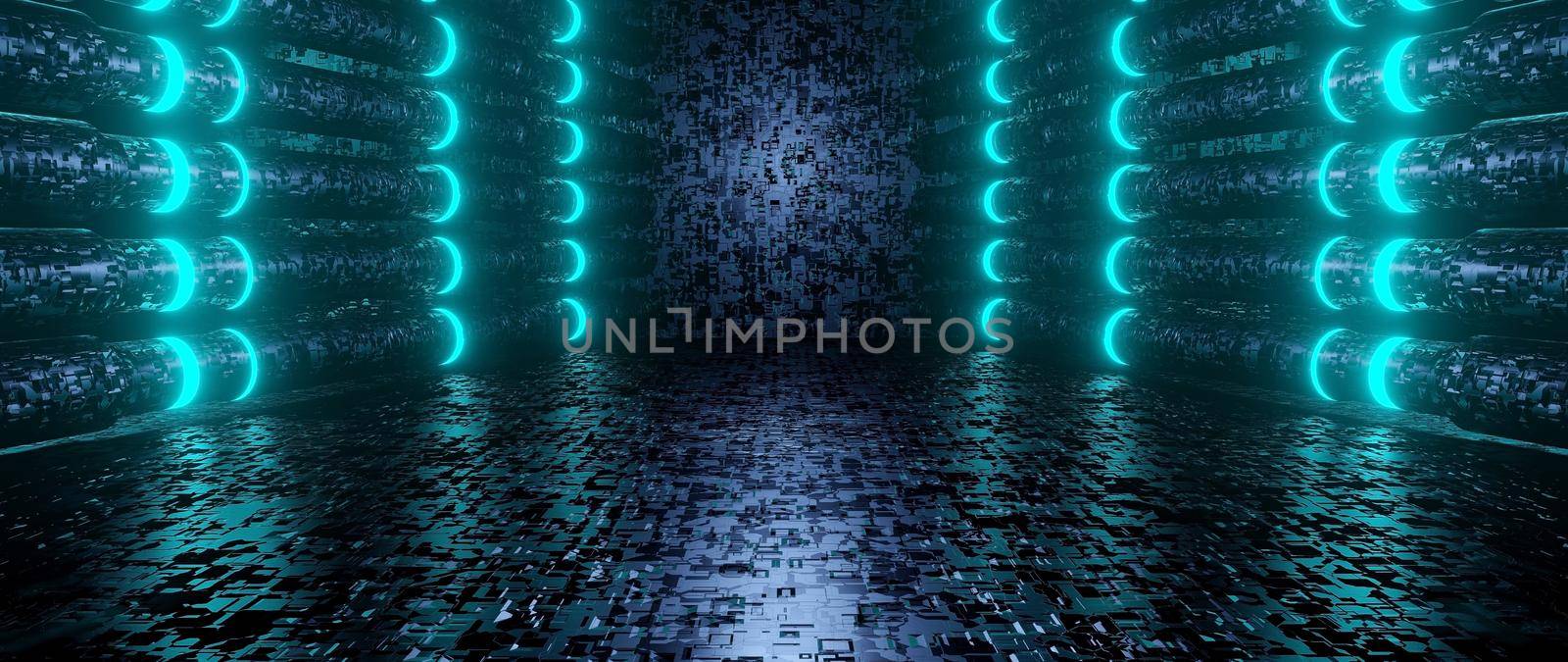 Empty Grunge Basement Underground Hall Light Blue Banner Background Futuristic Concept For Product Backgrounds Presentation 3D Rendering