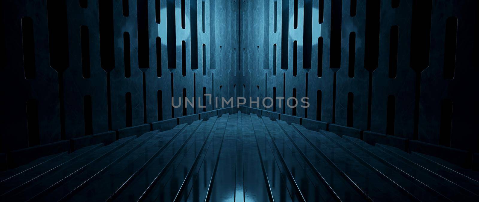 Futuristic Science Fiction Cyber Hall Studio Cyber Future Stage Corridor Lighted Blue Turquoise Background With Space For Products 3D Rendering