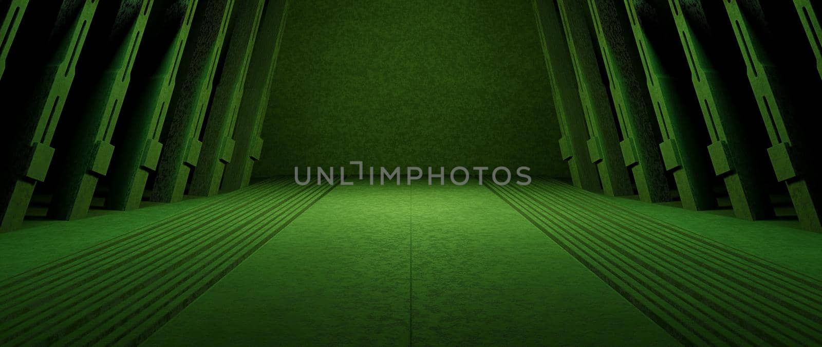 Futuristic Industrial Garage Tunnel Underground With Cement Concrete Floor Spotlight Dark Green Illustrative Banner Background Wallpaper Futuristic Architechture For Graphic Design 3D Illustration by yay_lmrb