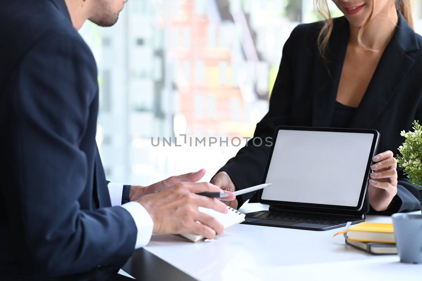 Smiling businesswoman showing digital tablet for sharing ideas or startup business plan with business partner.