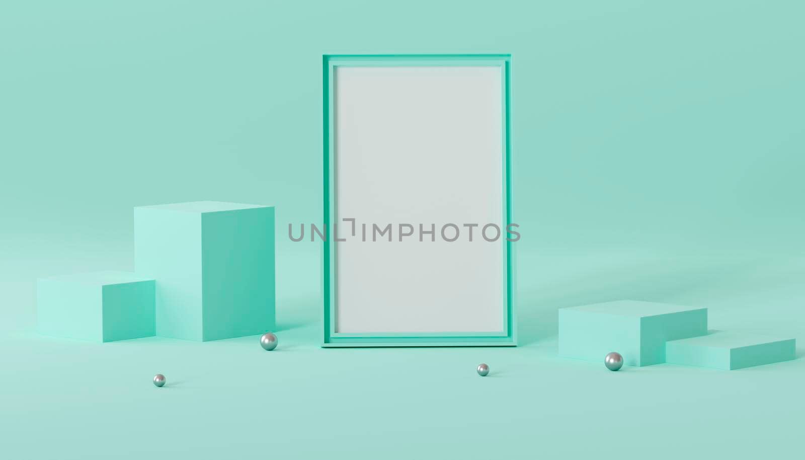 3d render of blank poster frame on the podium for mock up with beautiful green pastel color scene. by raferto1973