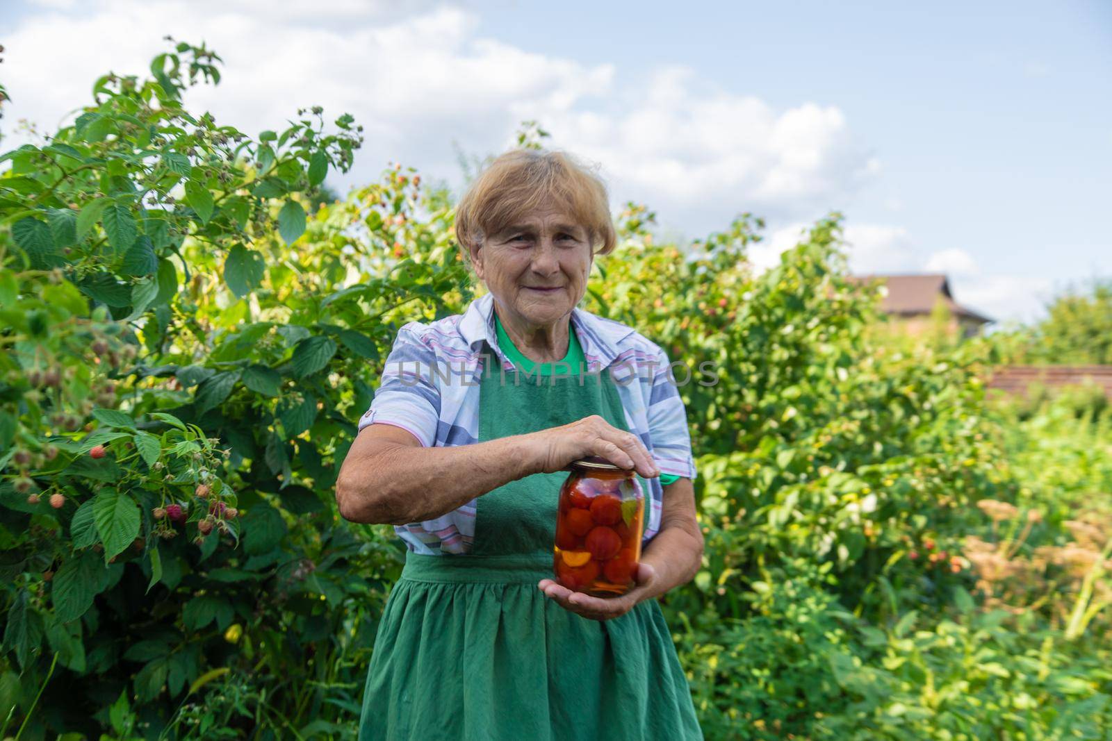 Grandmother canning tomatoes for the winter. Selective focus. Food.