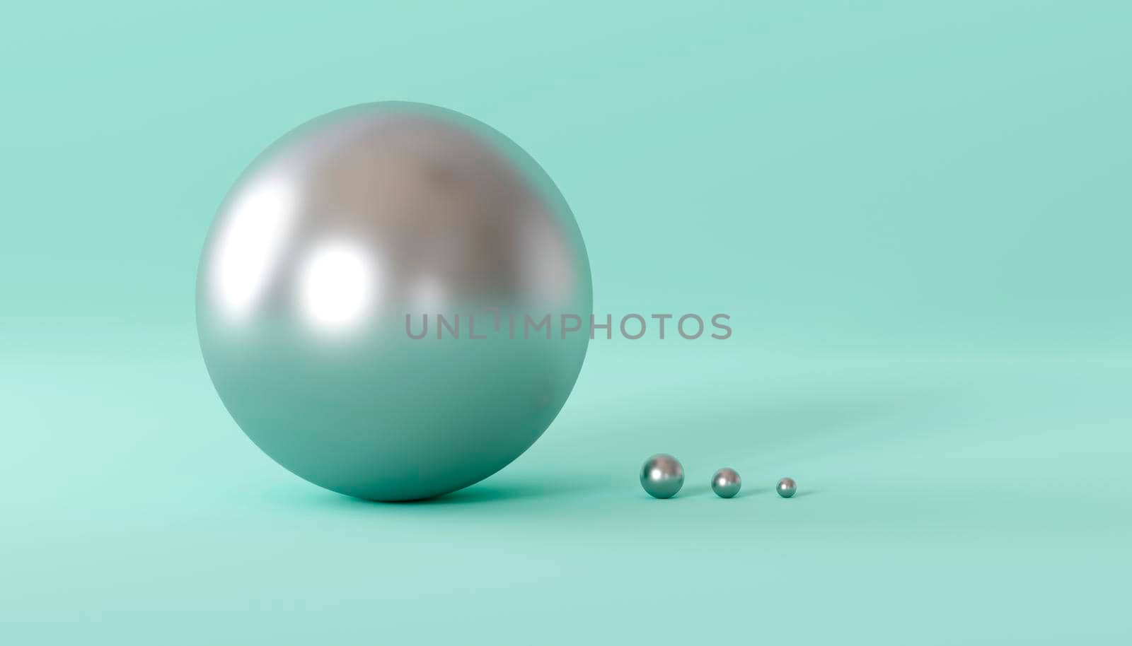 Silver spheres on green background. 3d render