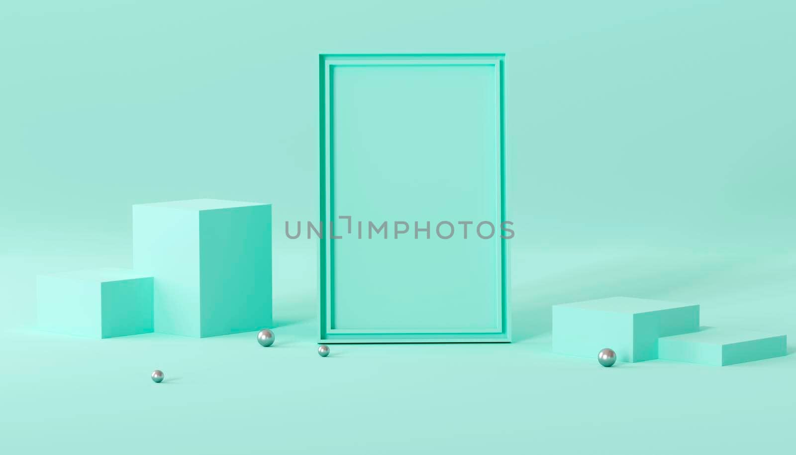 3d render of blank poster frame on the podium for mock up with beautiful green pastel color scene.3d render