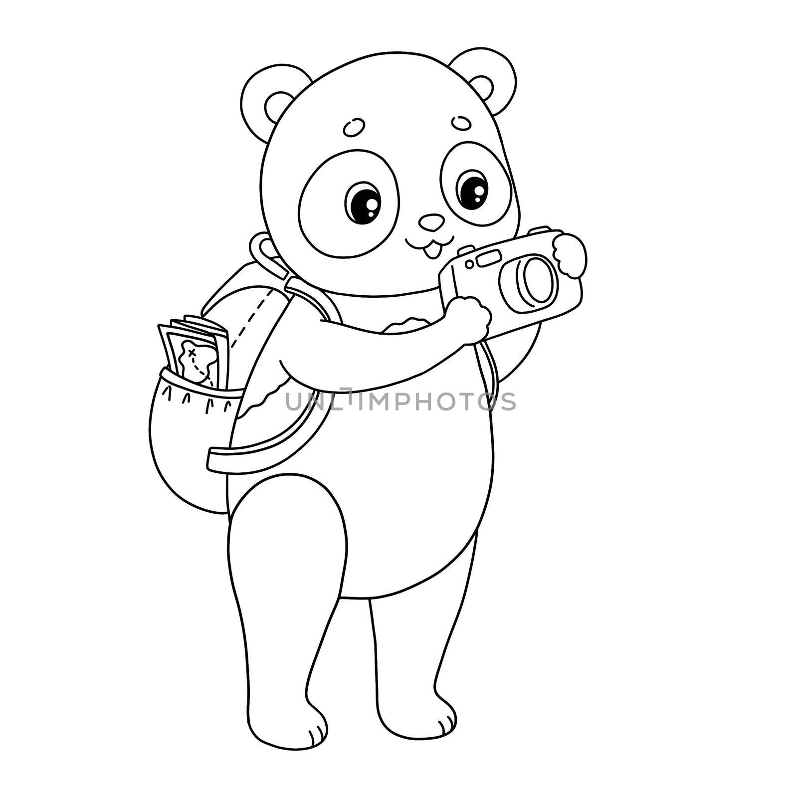 Summer time panda with camera and backpack map coloring page illustration