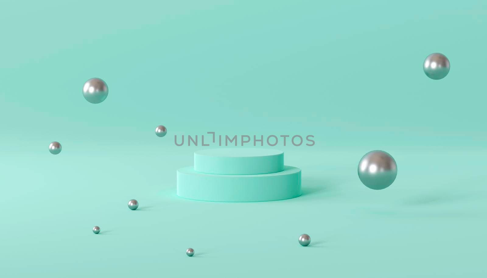 Cylinder podiums on green background. Abstract pedestal scene with geometrical. Scene to show cosmetic products presentation. Mock up design empty space. Showcase,shopfront,display case,3d render