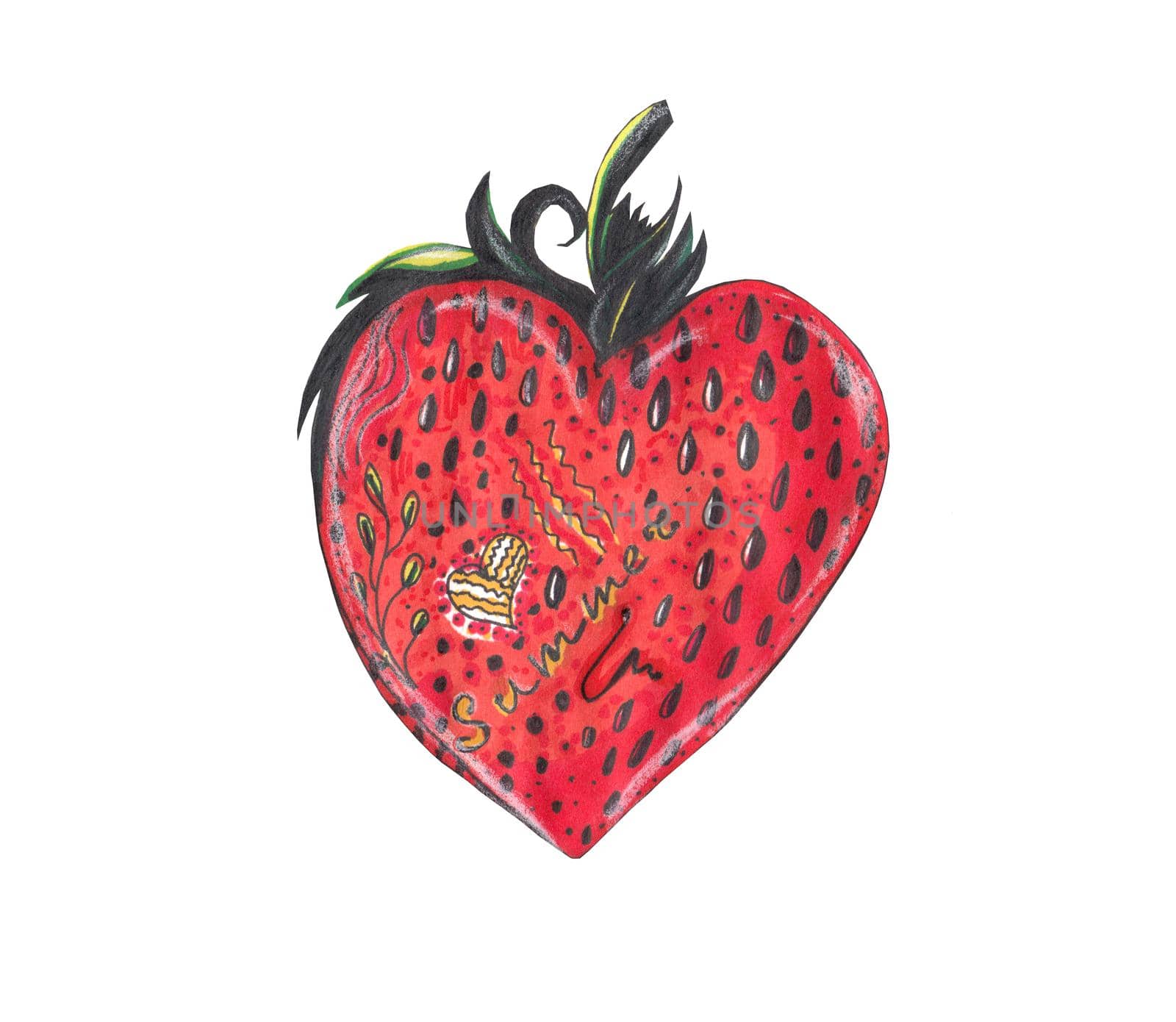 Sweet red strawberry in a heart shape with green leaves on white background. Doodle illustration. Marker drawing.