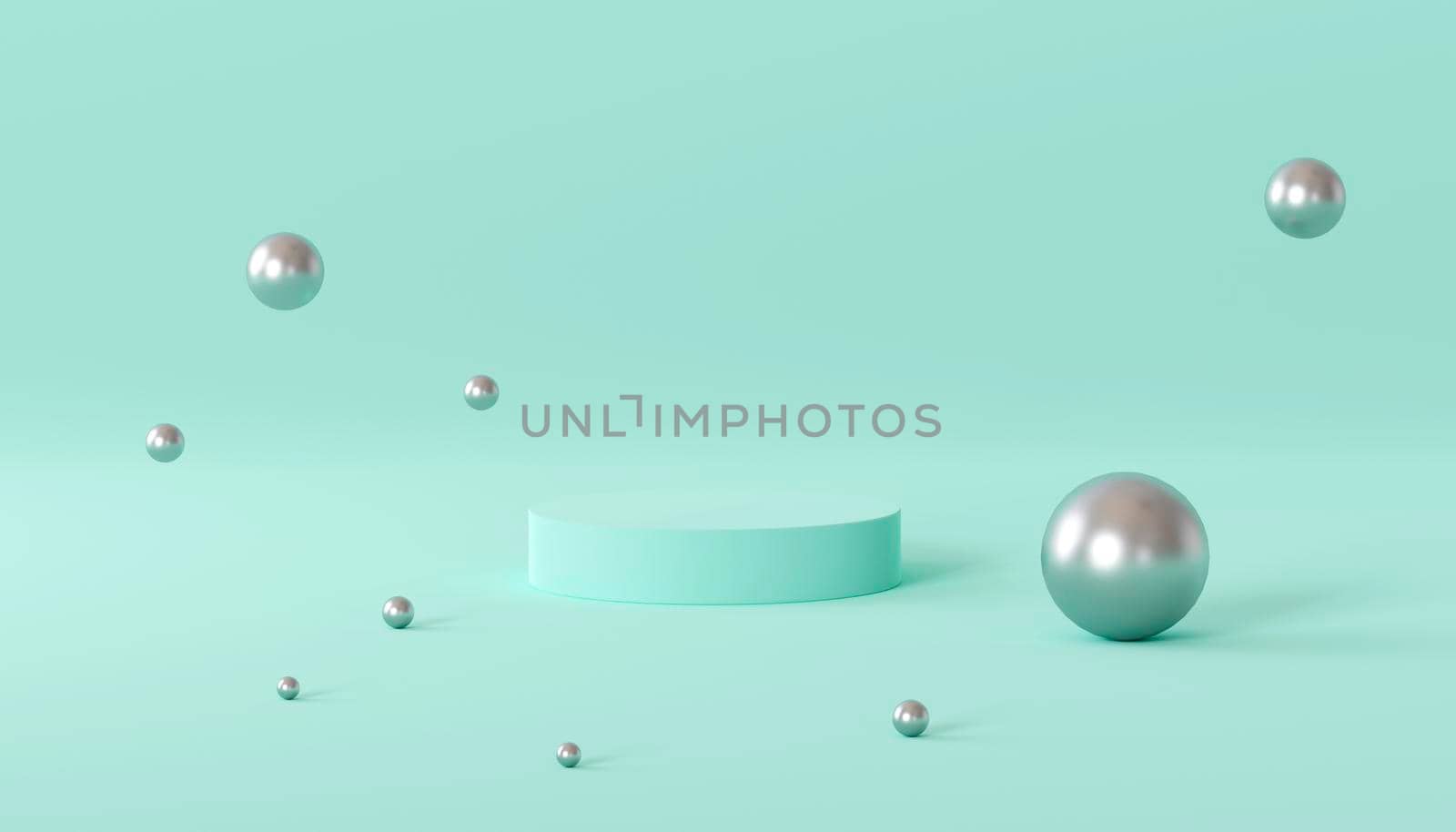 Cylinder podiums on green background. Abstract pedestal scene with geometrical. Scene to show cosmetic products presentation. Mock up design empty space. Showcase,shopfront,display case,3d render