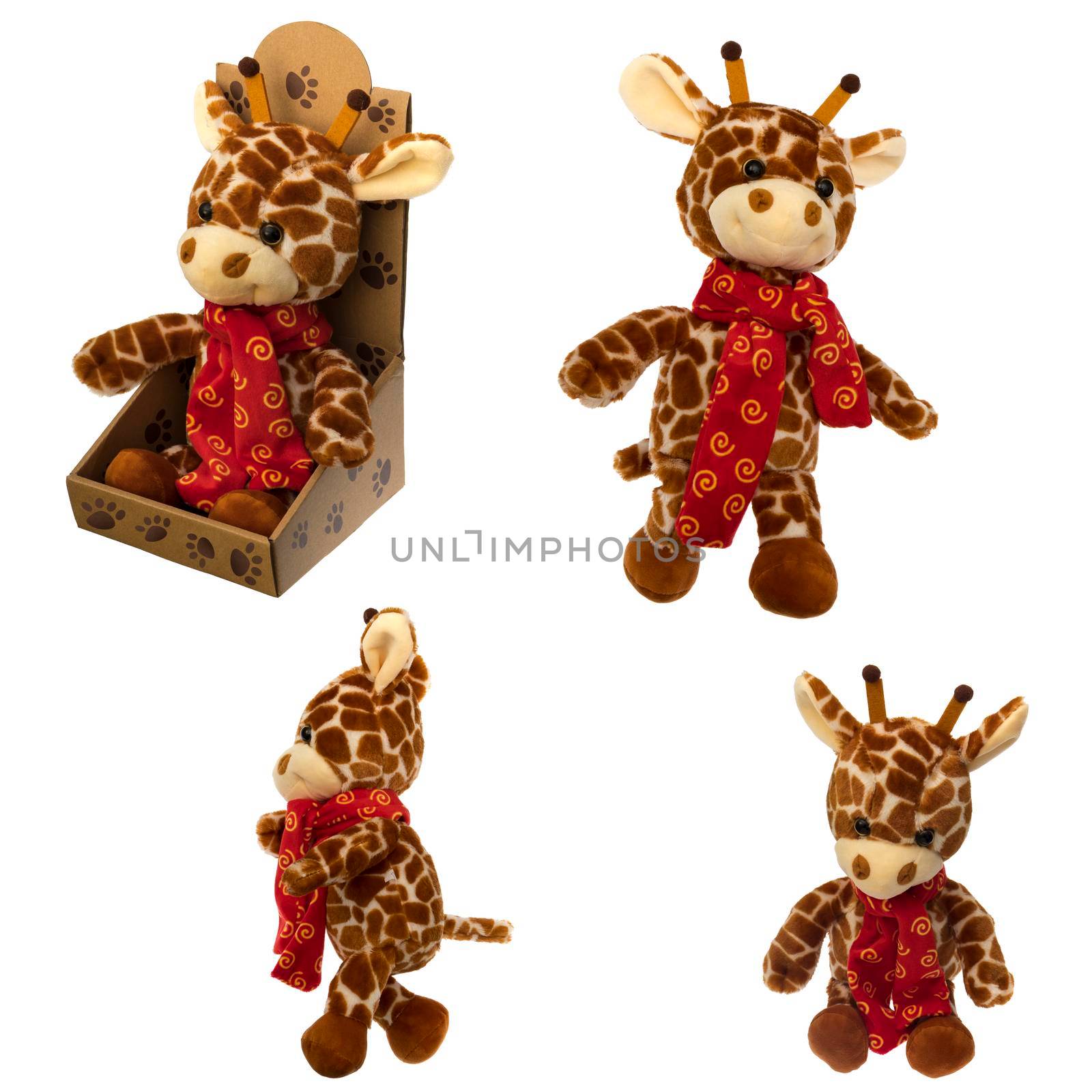 Collage soft children's toy giraffe, isolated on white background