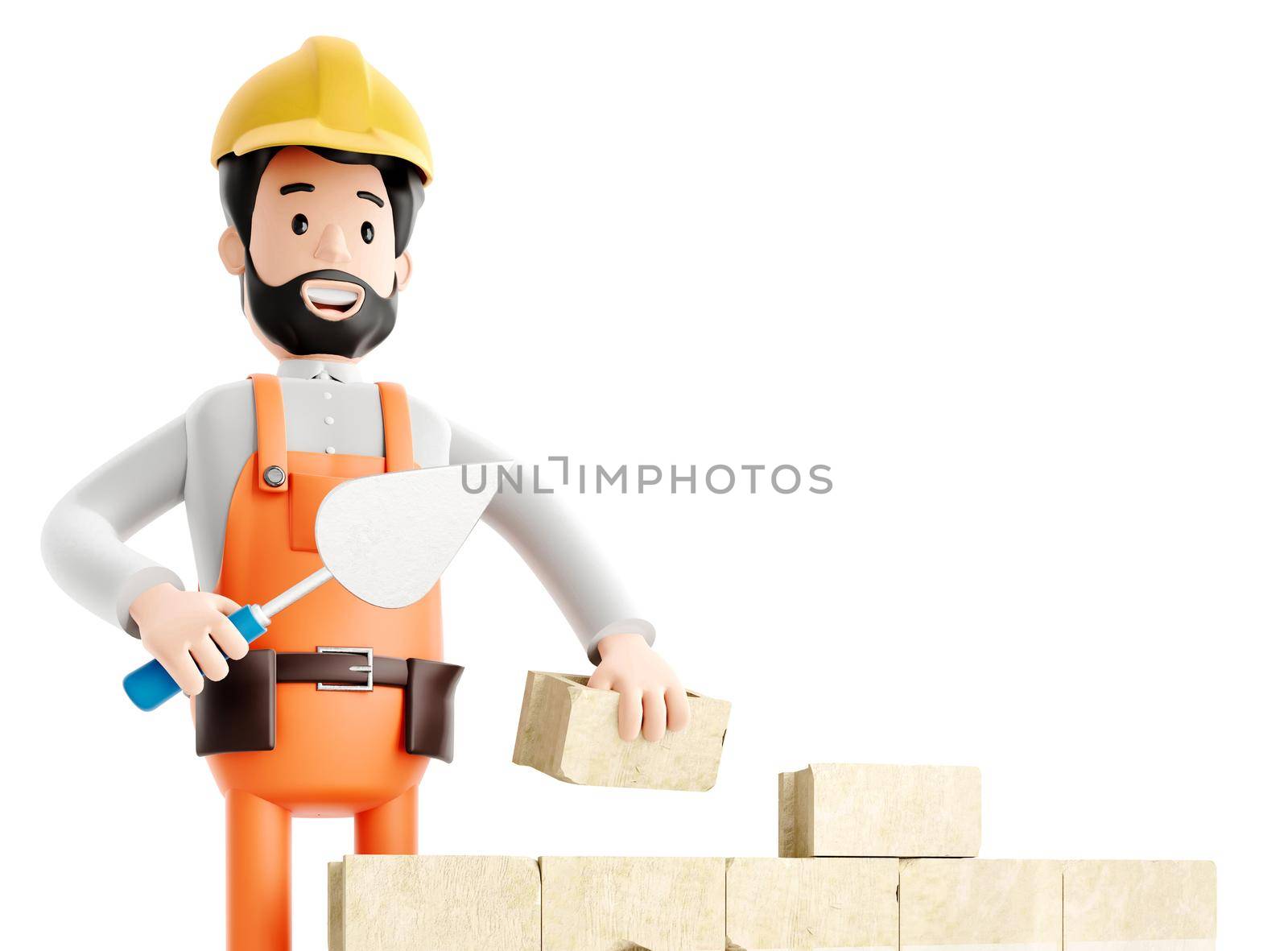 Builder painter plasterer cartoon character, funny worker or engineer building a brick wall, 3d Rendering.