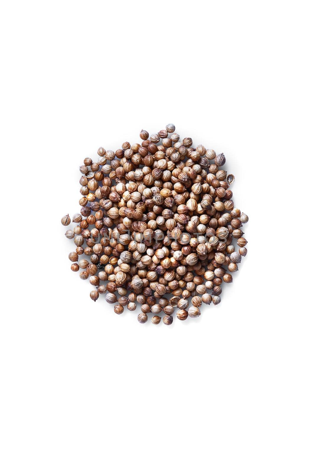 Heap Coriander Seeds isolated on white background. Top view. Still life. Copy space. Flat lay