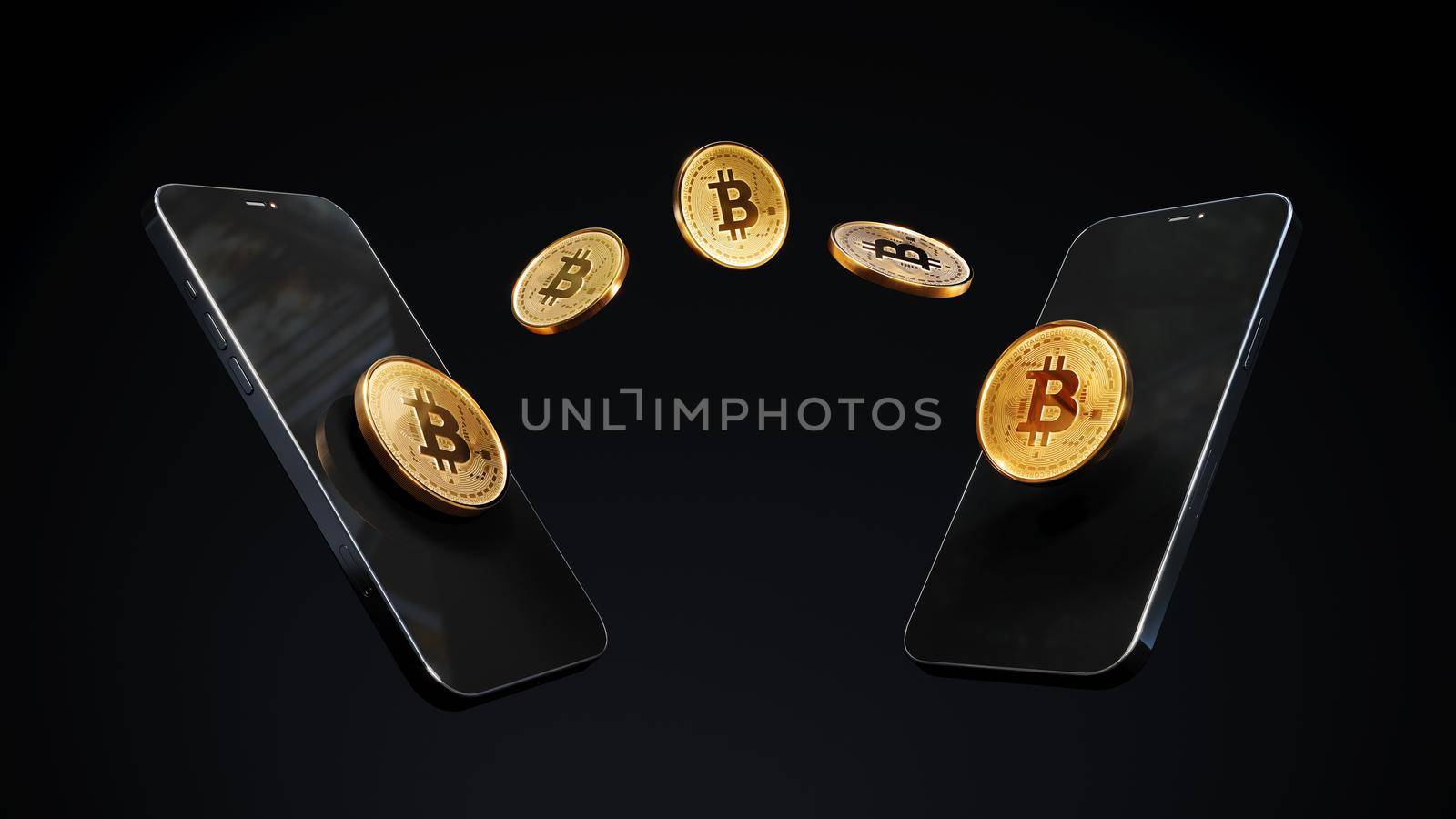 Mobile phone with bitcoins coins, Blockchain cyptocurrency bitcoin btc send from mobile phone to smartphone, Trading app exchange, 3d Rendering