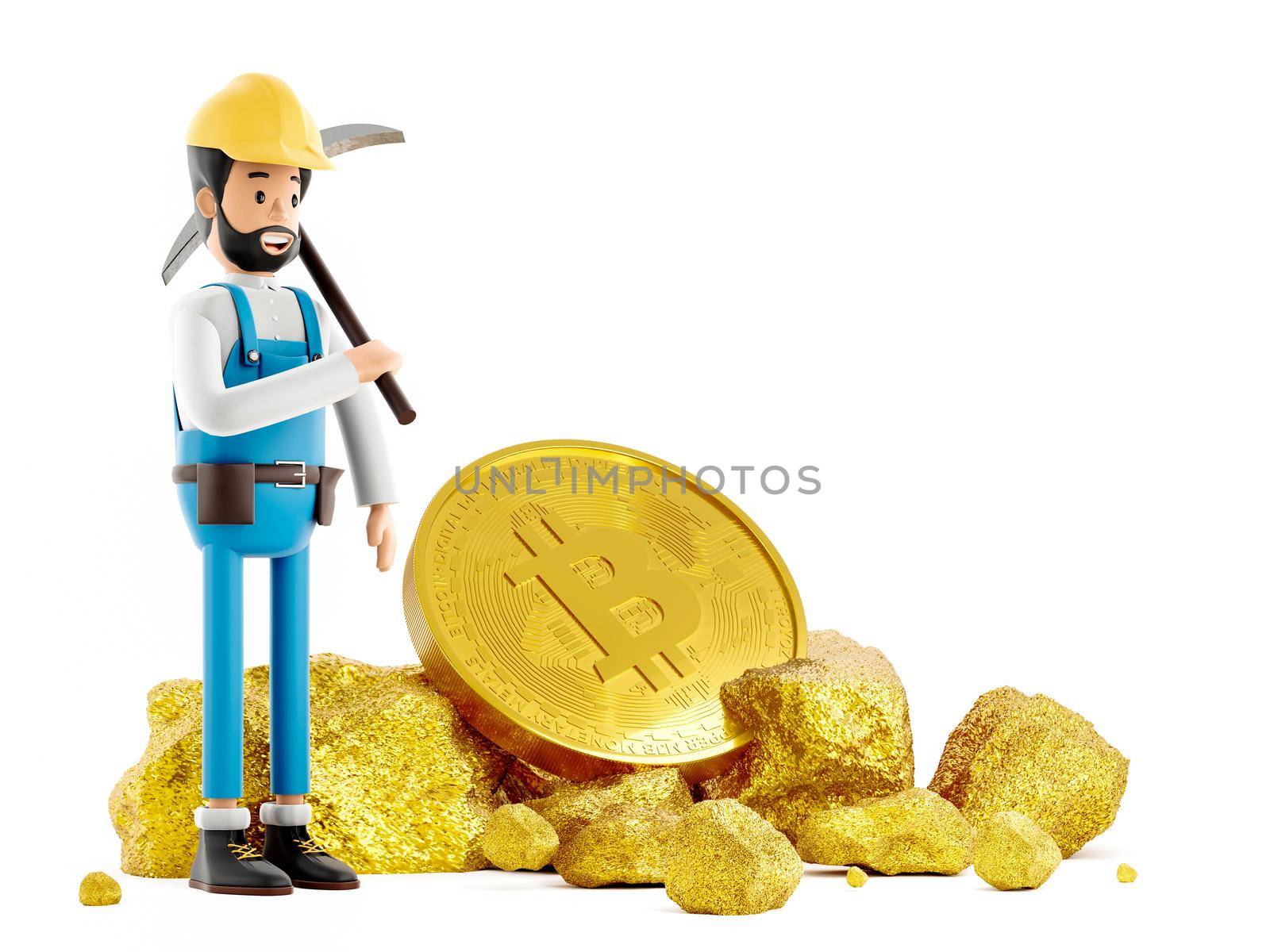 The character is mining cryptocurrency, Gold miner mining bitcoin, 3d Rendering.