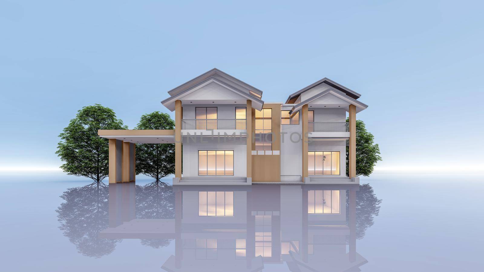 3D Rendering Illustration Of Modern House With Shadow Reflection