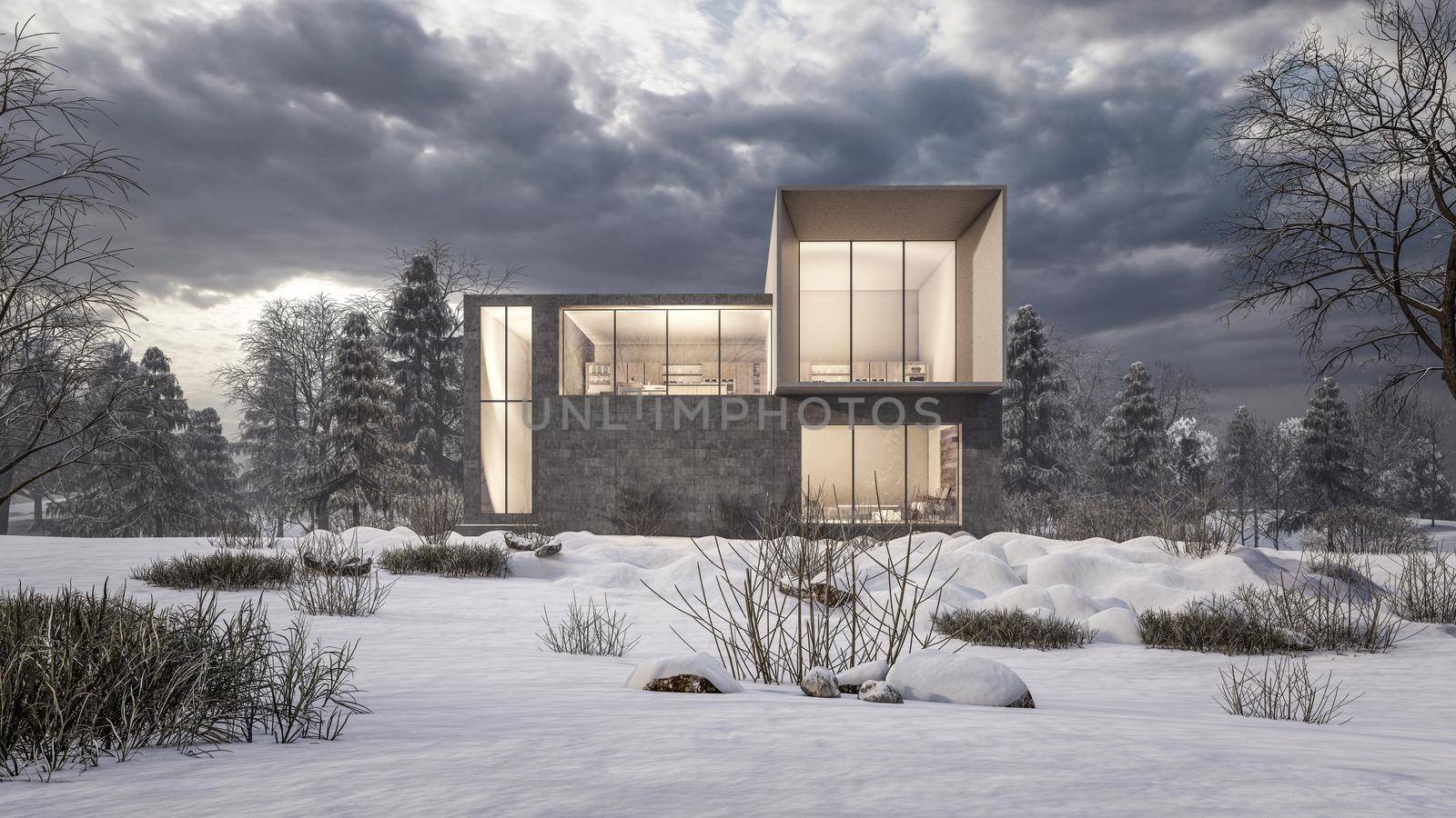 3D Rendering Illustration Of Modern House With Snow Landscape