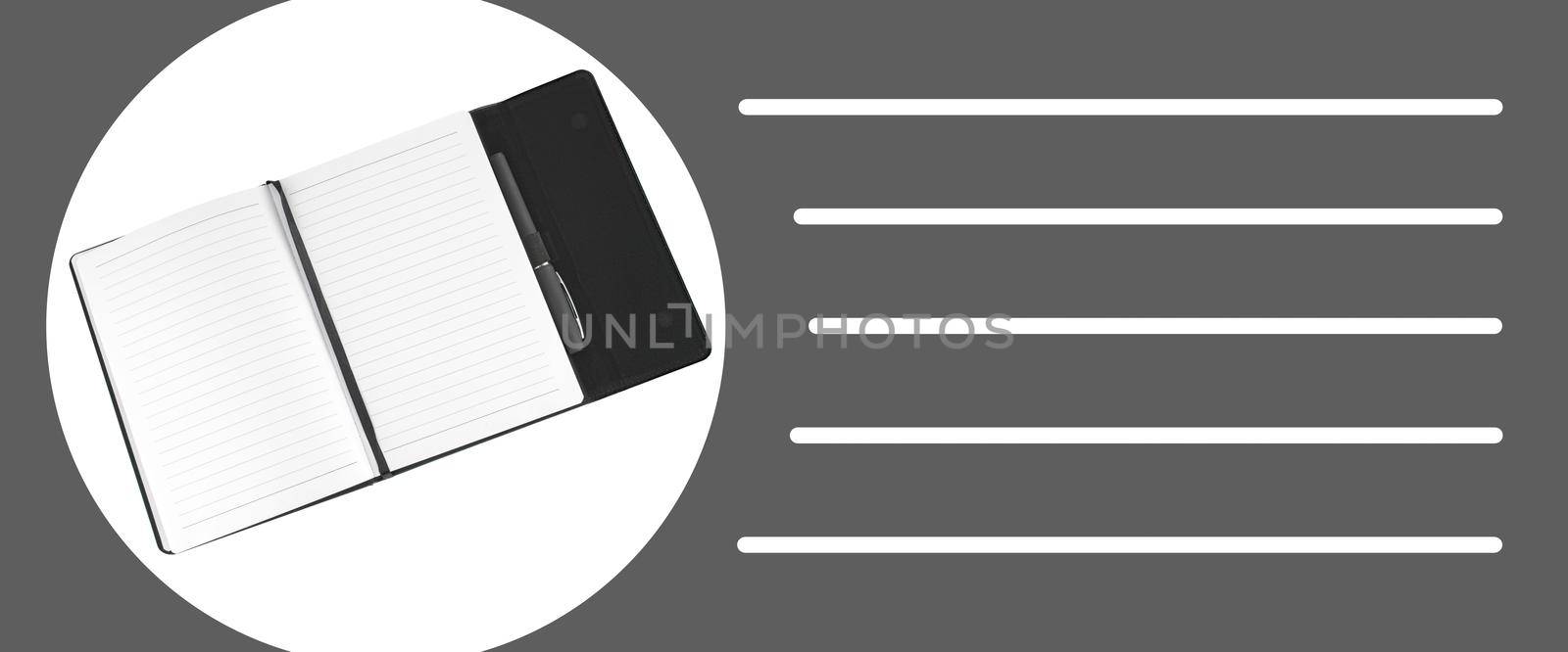 layout for a banner, notepad and pen, space for text on the right