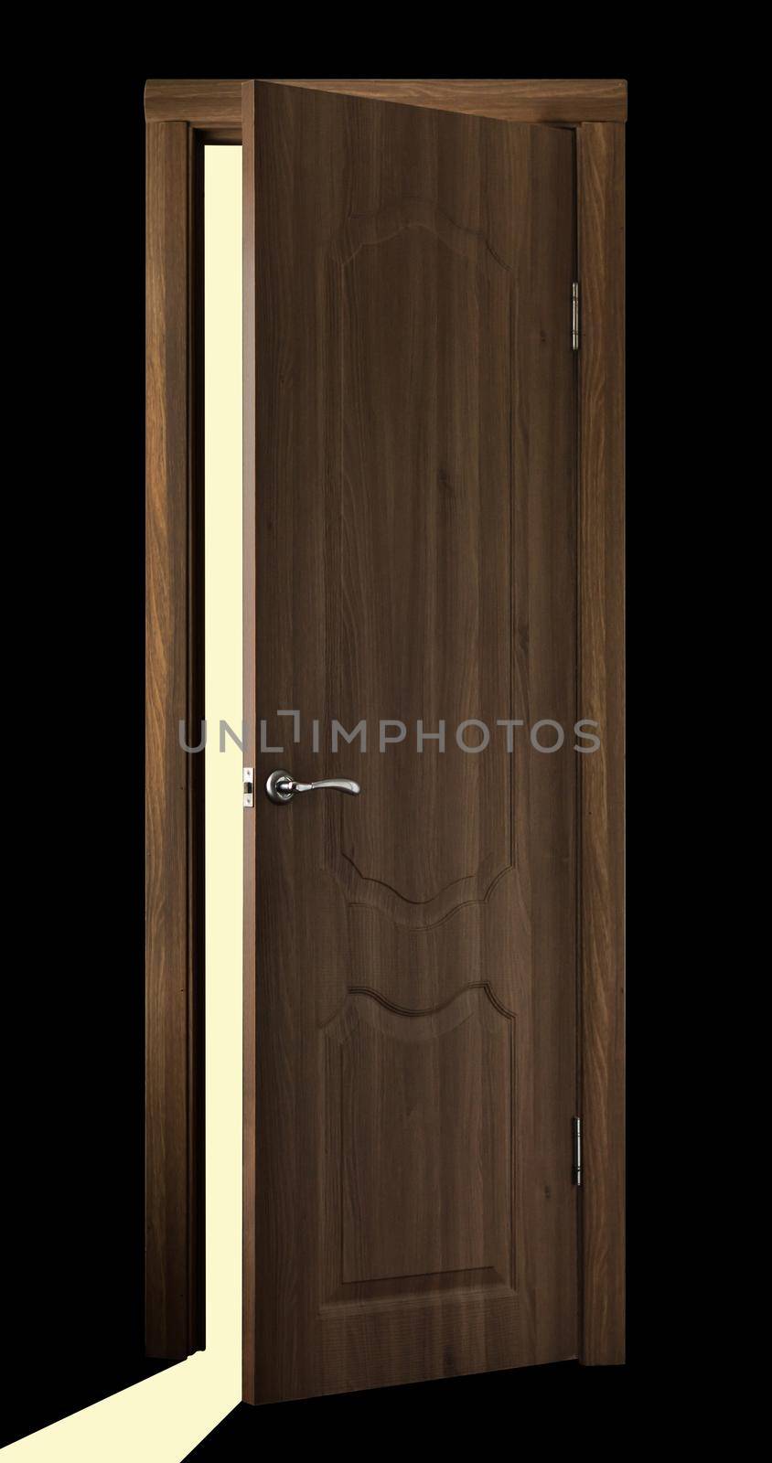 door, ajar wooden door, on a black background, in isolation