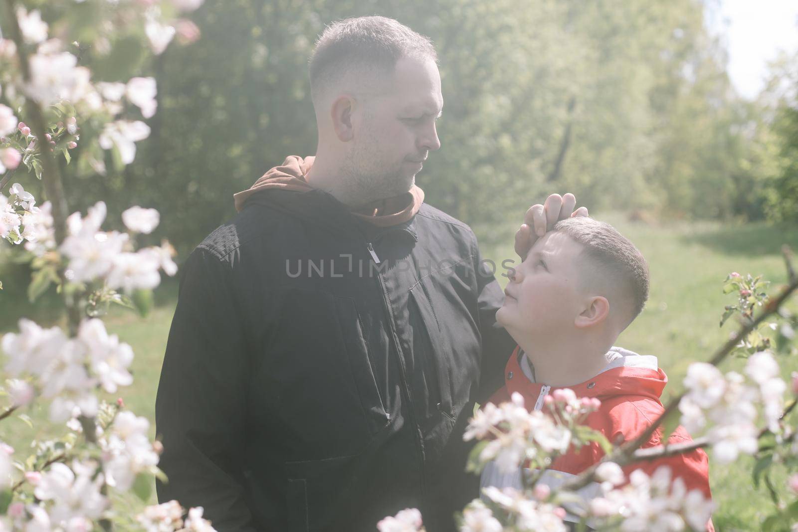 Teenager boy with father together in park in spring.