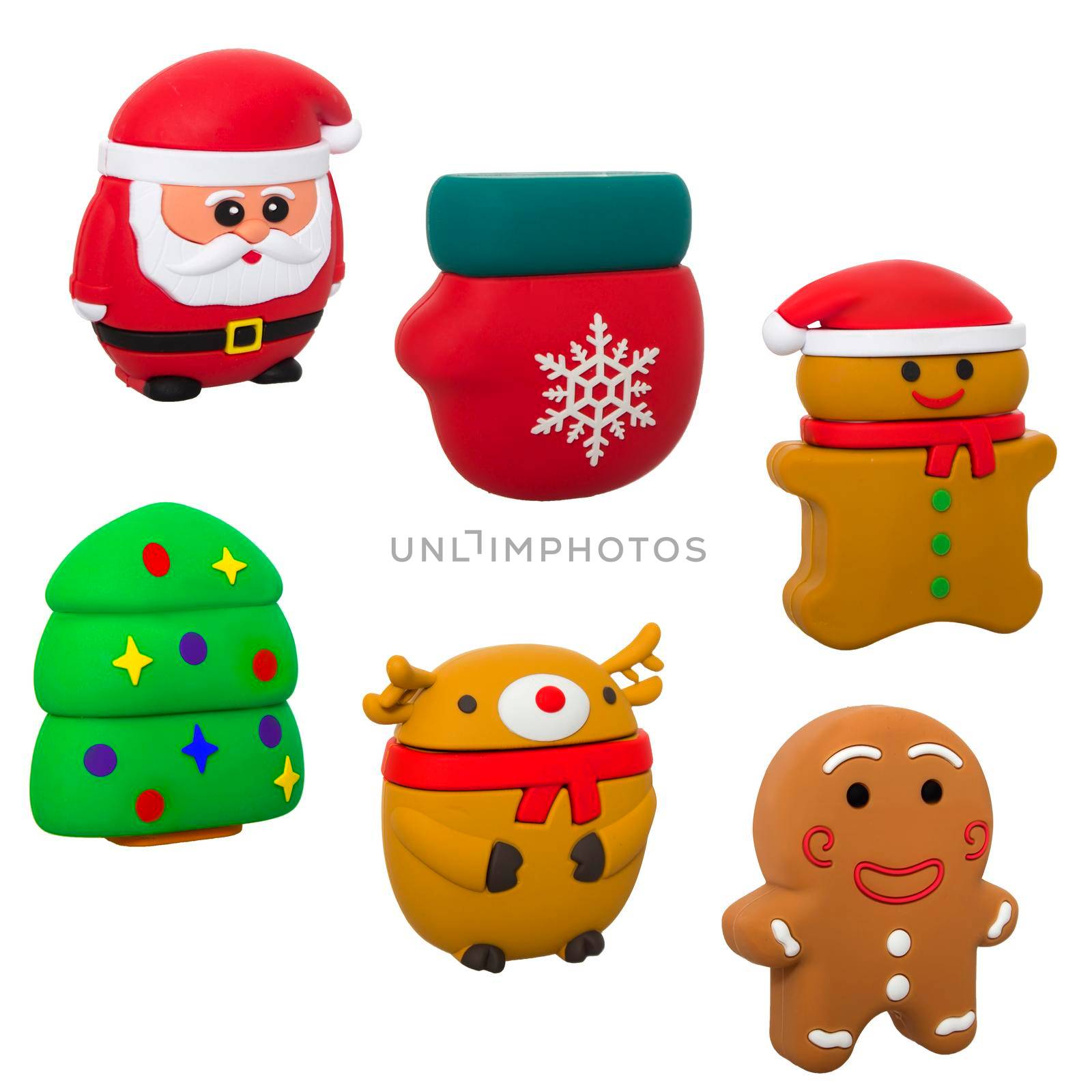Collage of Christmas toys: Santa Claus deer mitten Christmas tree snowman