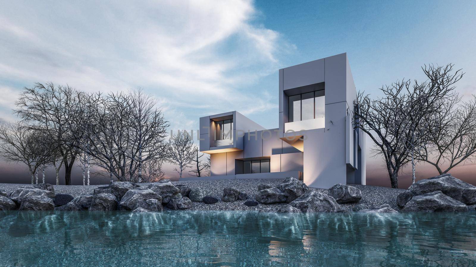 3D Rendering Illustration Of Modern House With Water Front View