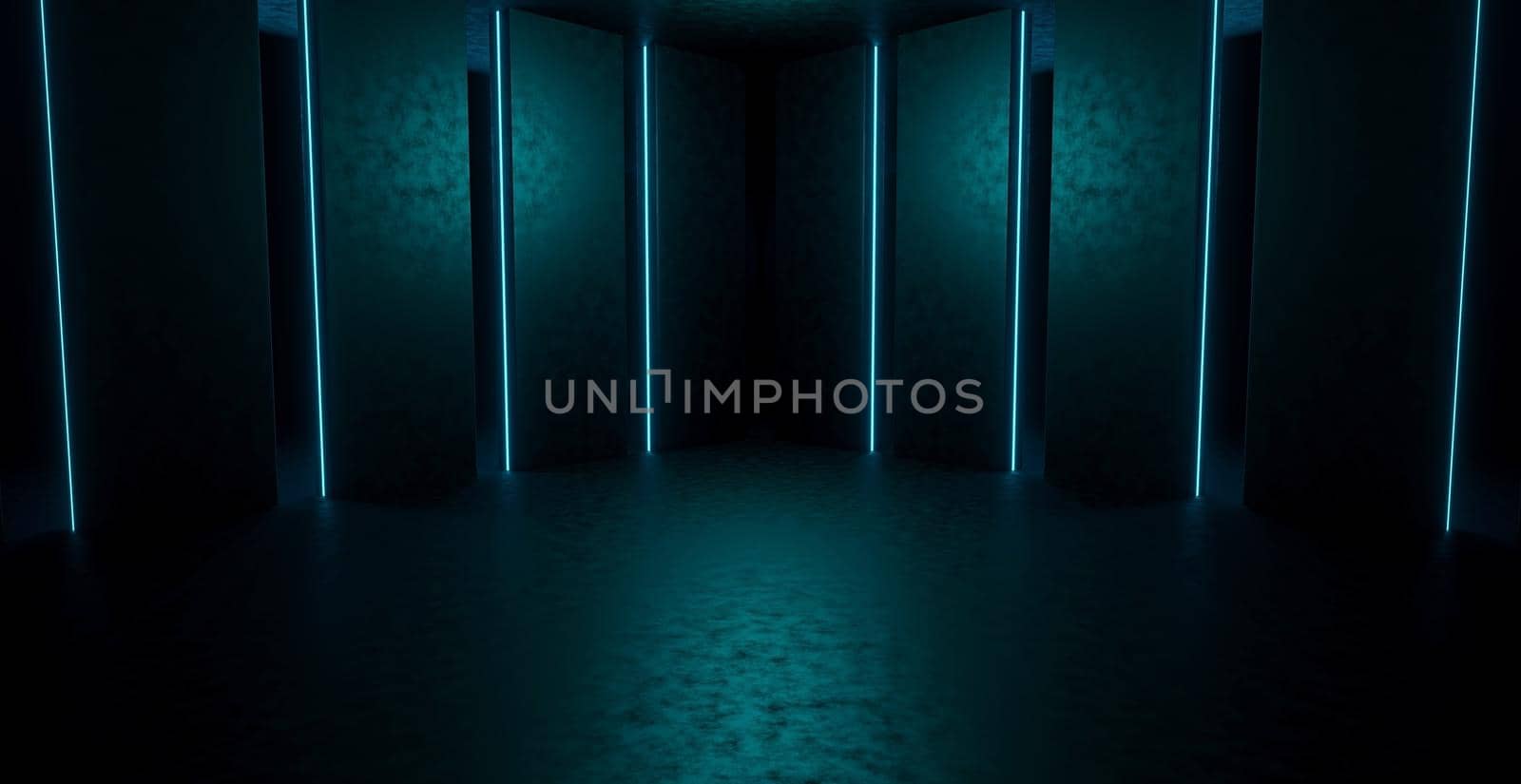 Extraterrestrial Empty Glowing Vibrant Laser Showcase Stage Corridor Hallway Entrance Dimmed Dark Blue Background Digital Futurism Concept For Product Backgrounds Presentation 3D Rendering