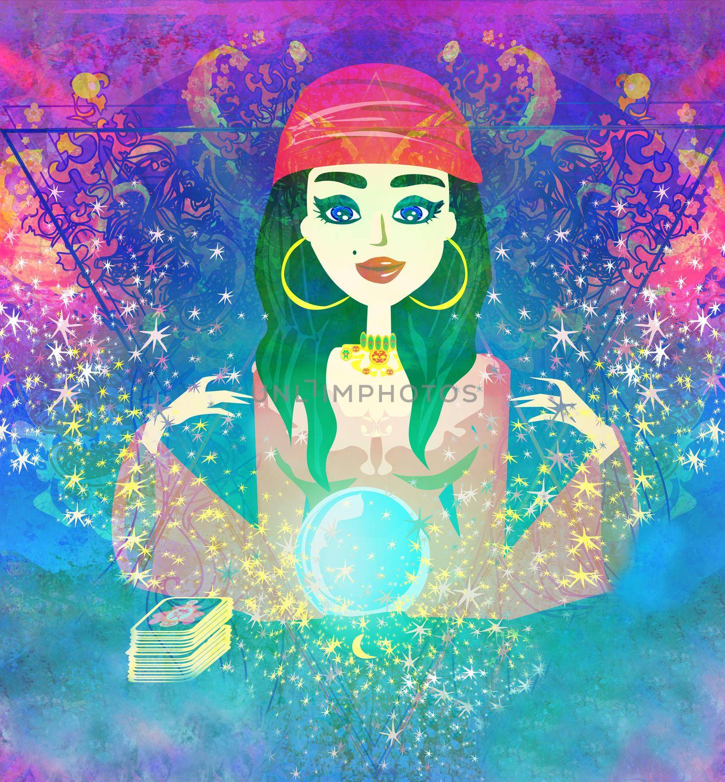 Fortune teller woman reading future on magical crystal ball