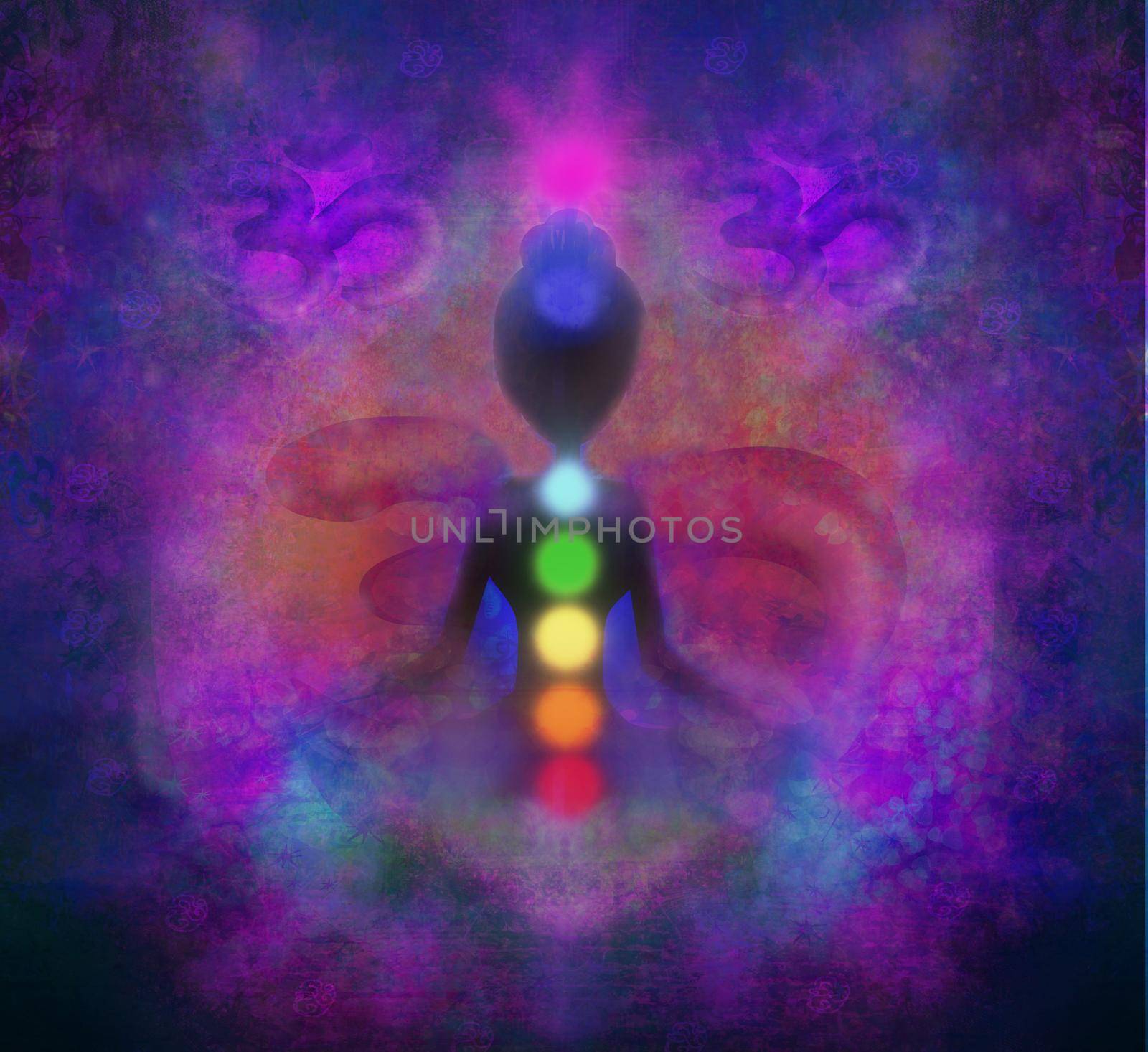 Yoga lotus pose. Padmasana with colored chakra points. by JackyBrown