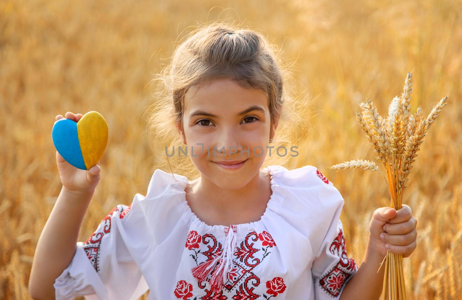 Child in a wheat field. In vyshyvanka, the concept of the Independence Day of Ukraine. Selective focus. Kid.