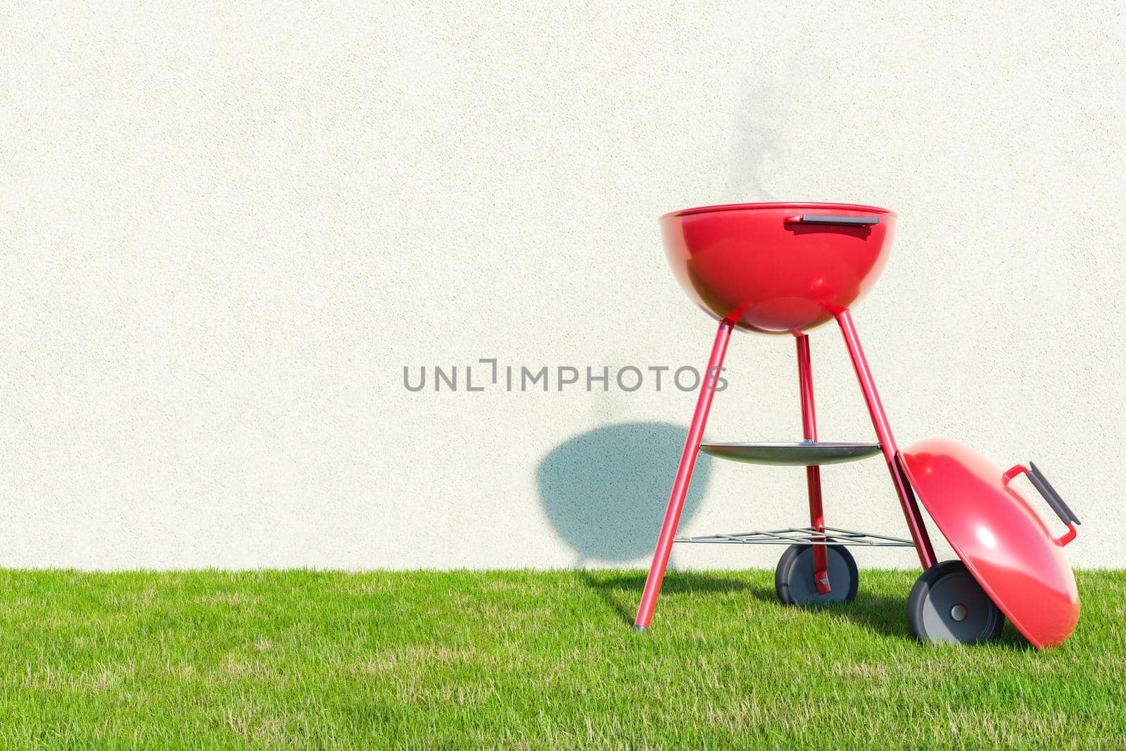 3D rendering of modern portable metal red grill oven with smoke placed on grassy lawn near white wall on sunny summer day during picnic