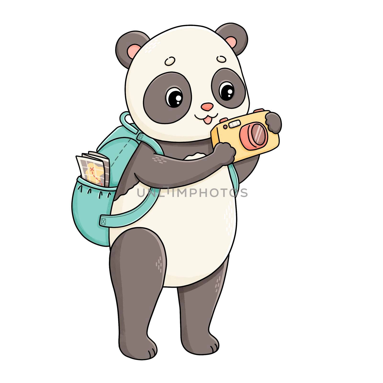 Summer time panda with camera and backpack map illustration