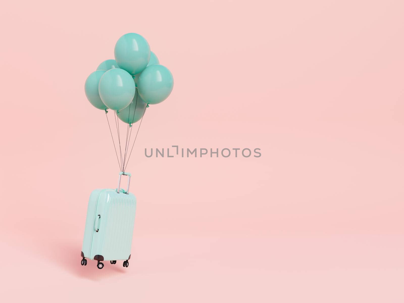 Air balloons tied to suitcase in pink studio by asolano