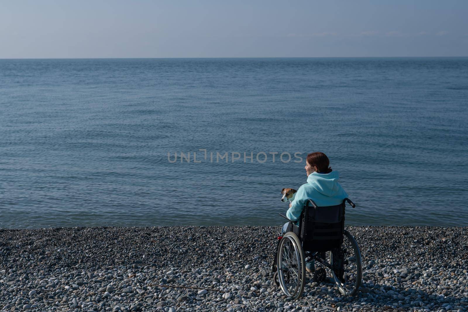 Caucasian woman in a wheelchair cuddling with a dog near the sea