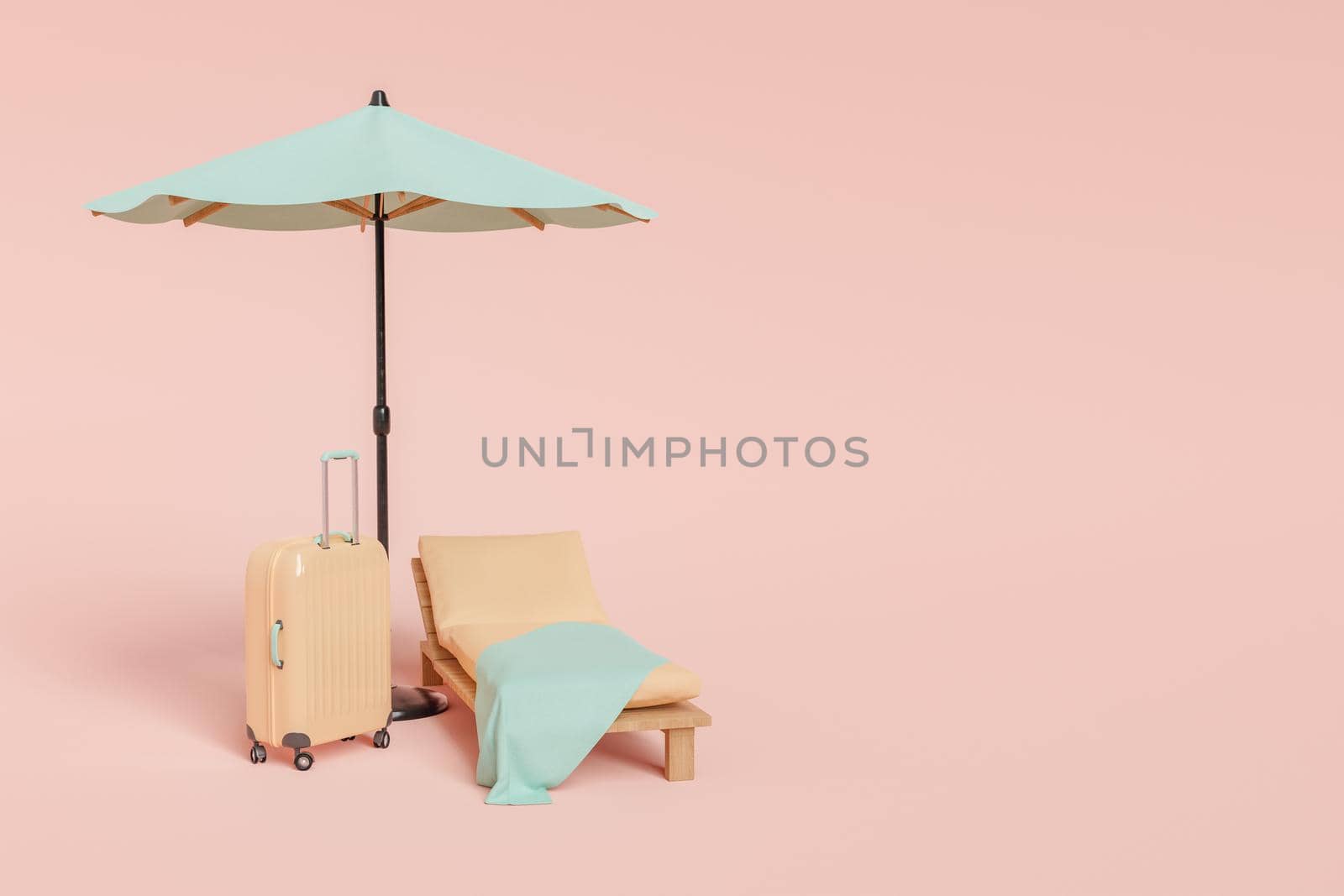 3D rendering of hard side suitcase placed near wooden sunbed with soft mattress and umbrella against pink background