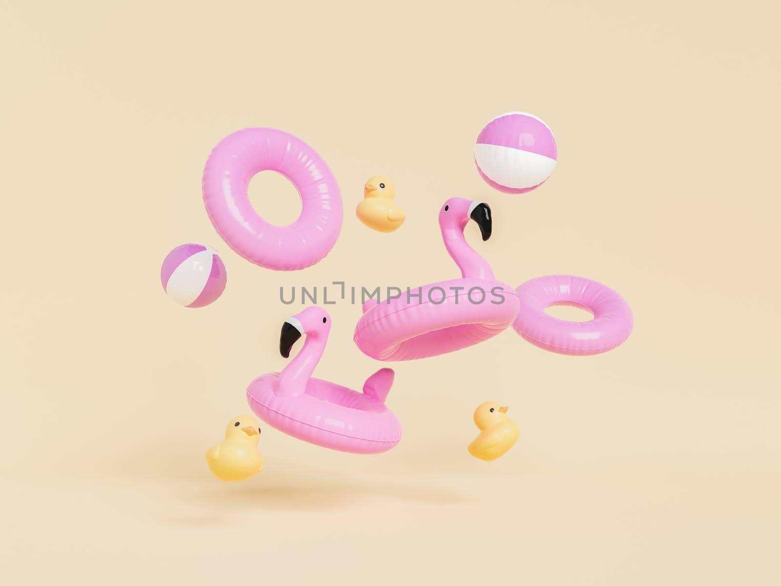 3D rendering of pink inflatable flamingos balls and swim rings with yellow rubber ducks against beige background