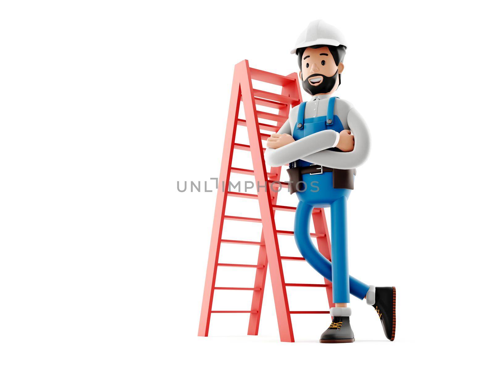 Cartoon builder character guy, funny worker or engineer with ladder, 3d Rendering.