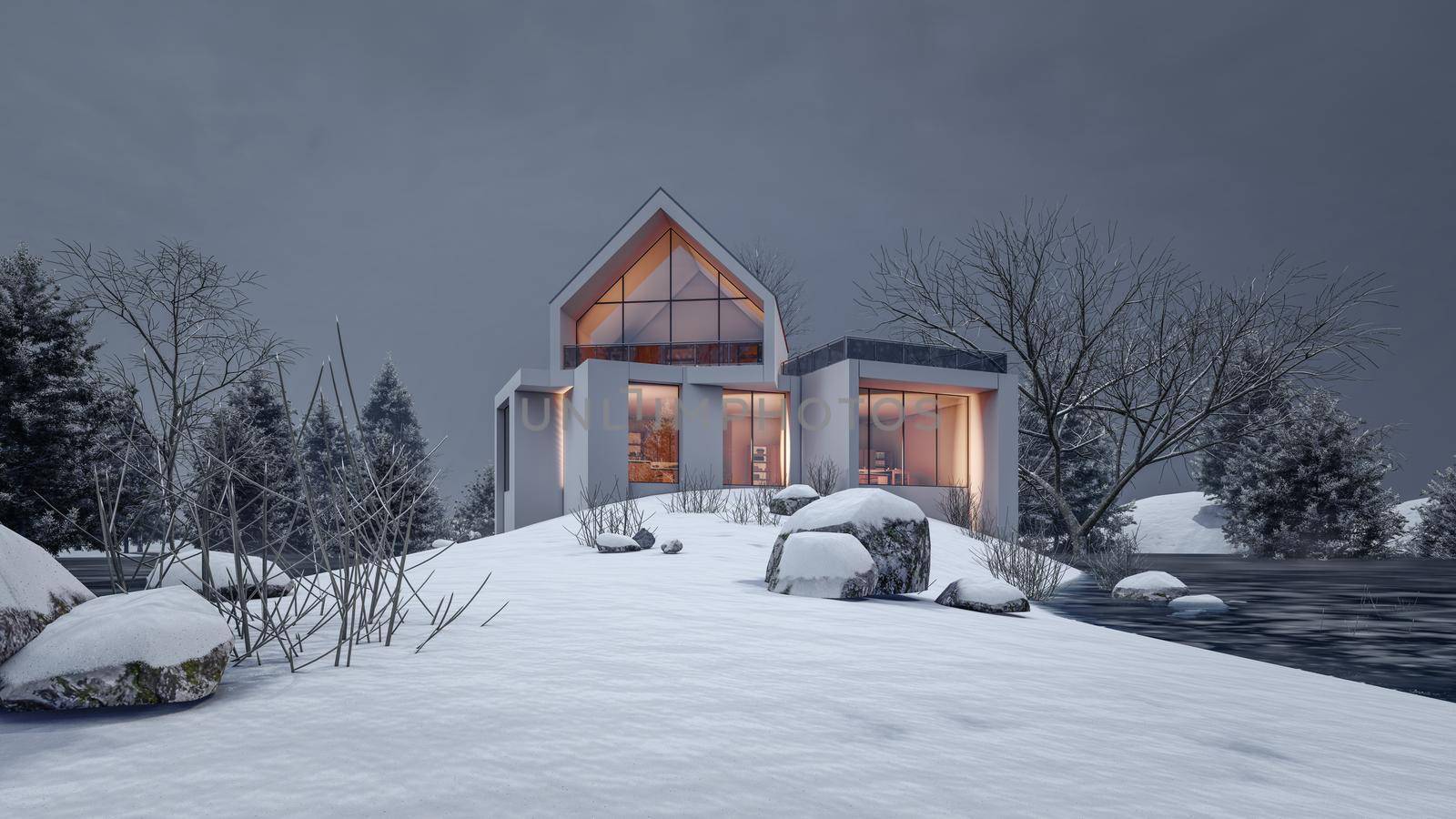 3D Rendering Illustration Of Modern House With Snow Landscape