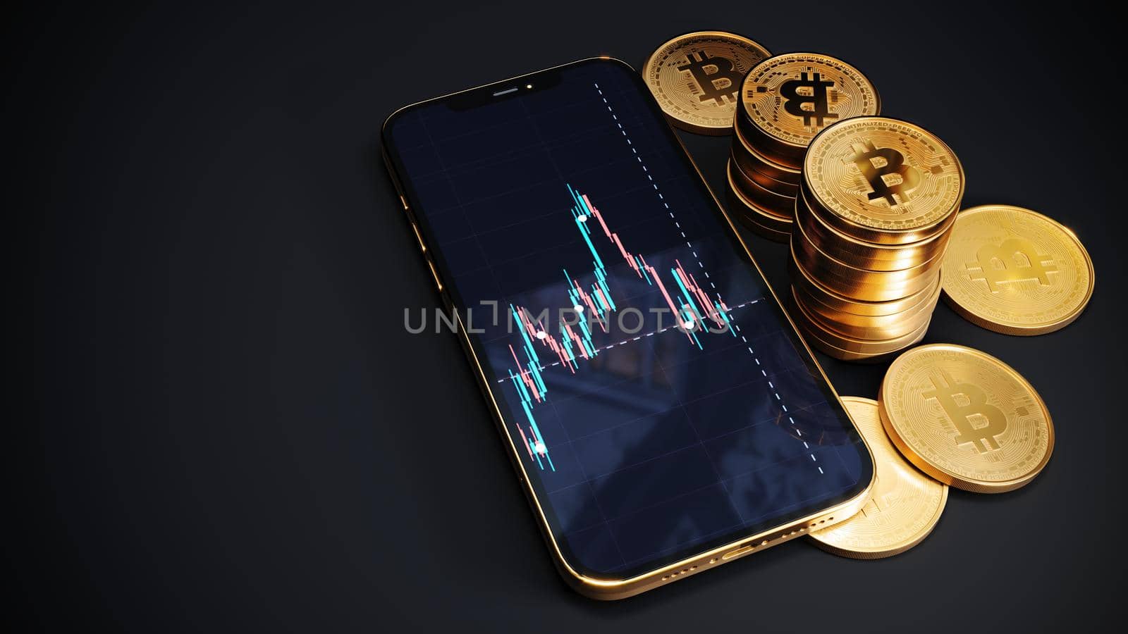 Trading app exchange on mobile phone next to bitcoin coins, Bitcoin with smartphone on black table, btc blockchain cyptocurrency, 3d Rendering