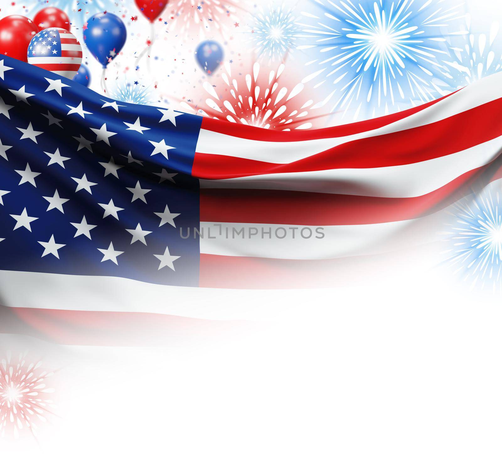 4th of july usa independence day banner design of American flag and balloon with fireworks 3D render