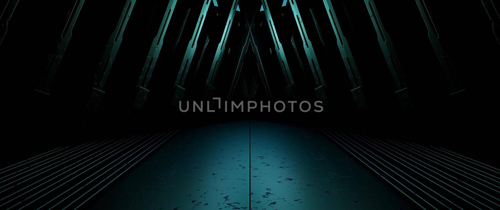 Futuristic Industrial Metallic Reflective Studio Room Lighted Blue Turquoise Banner Background Alien Concept 3D Rendering by yay_lmrb